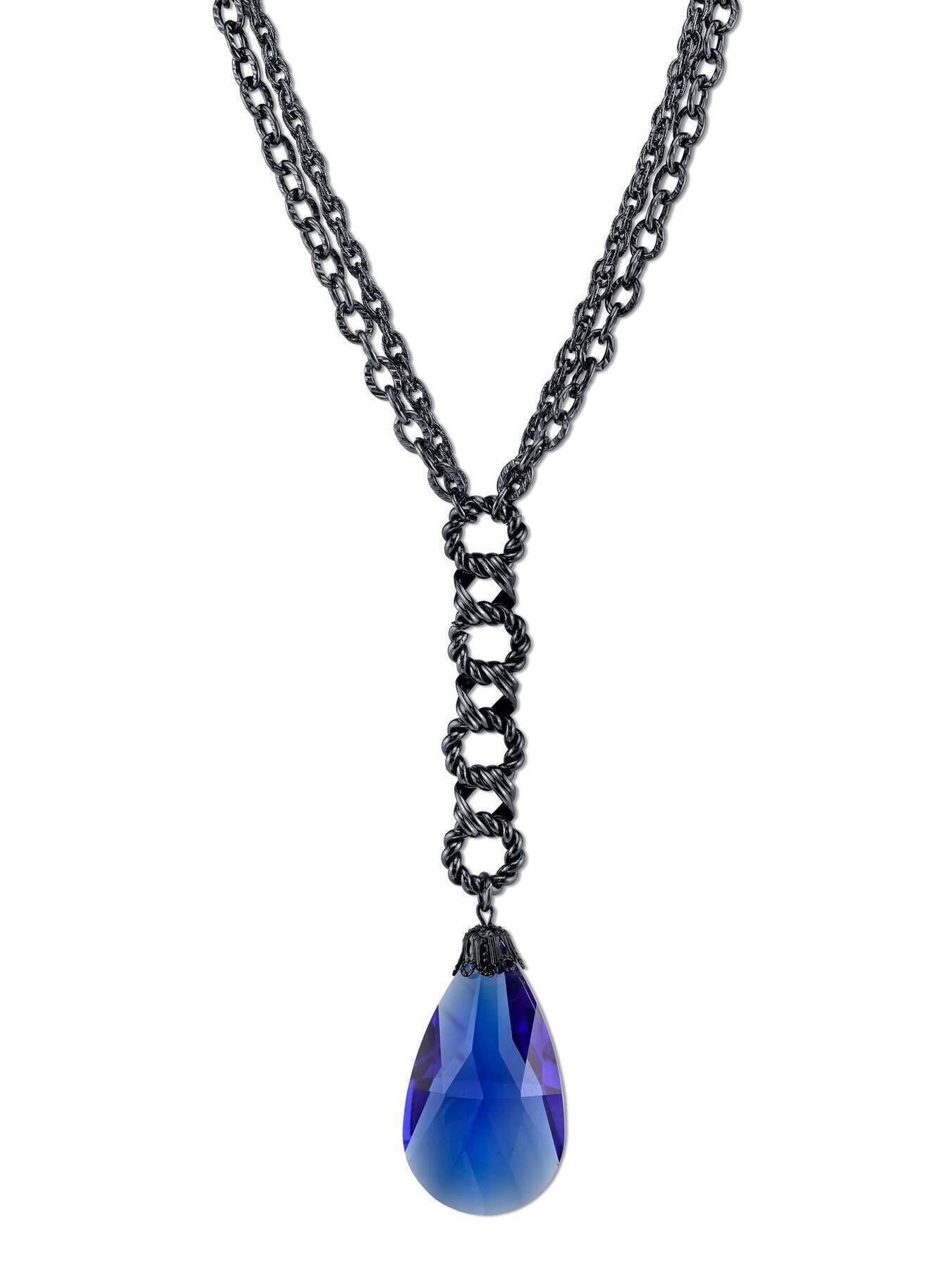 2028 Jewelry Sapphire Blue Briolette Glass Crystal Black Chain Y-Necklace 16" + 3" Extender