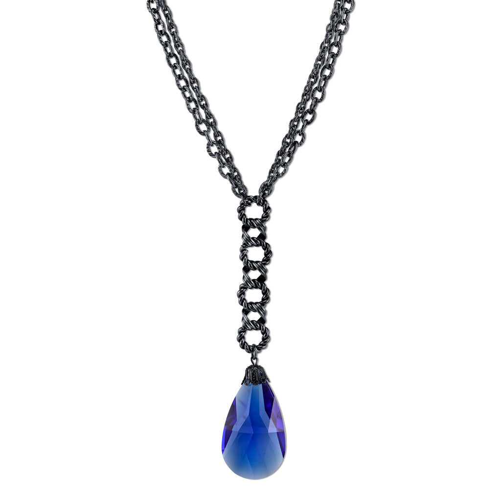 Black Tone Blue Pearshape Briolette Y Necklace 16   19 Inch Adjustable