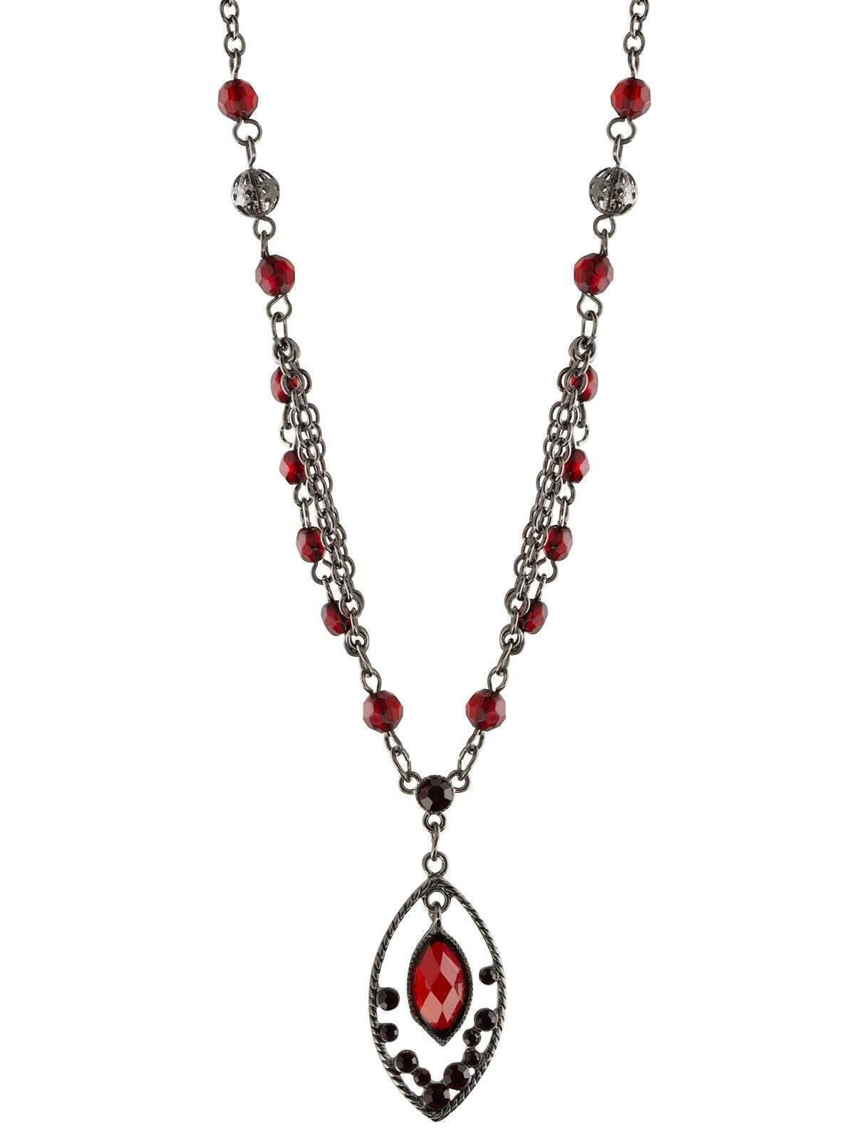 1928 Jewelry Red Faceted Oval Drop Pendant Necklace 16" + 3" Extender