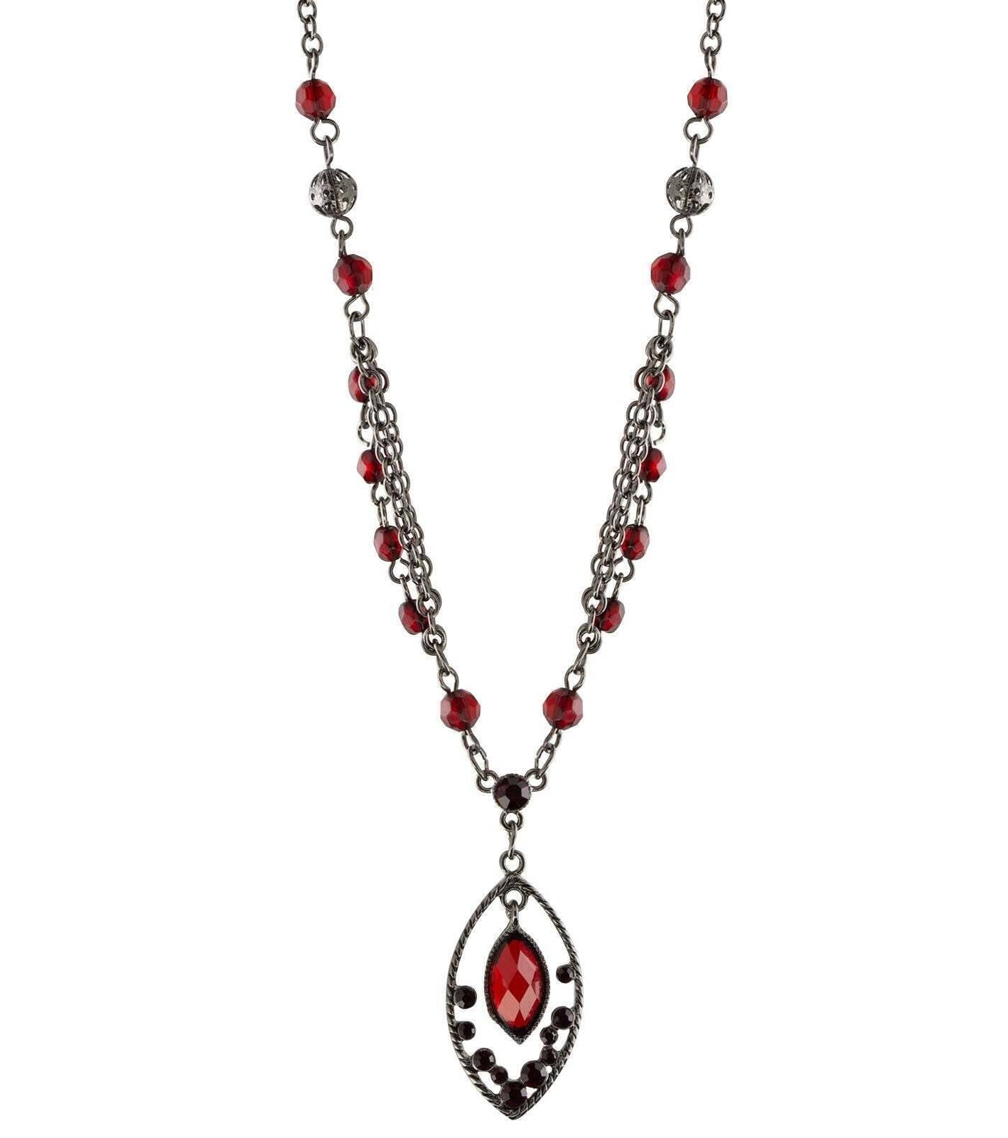 1928 Jewelry Red Faceted Oval Drop Pendant Necklace 16" + 3" Extender