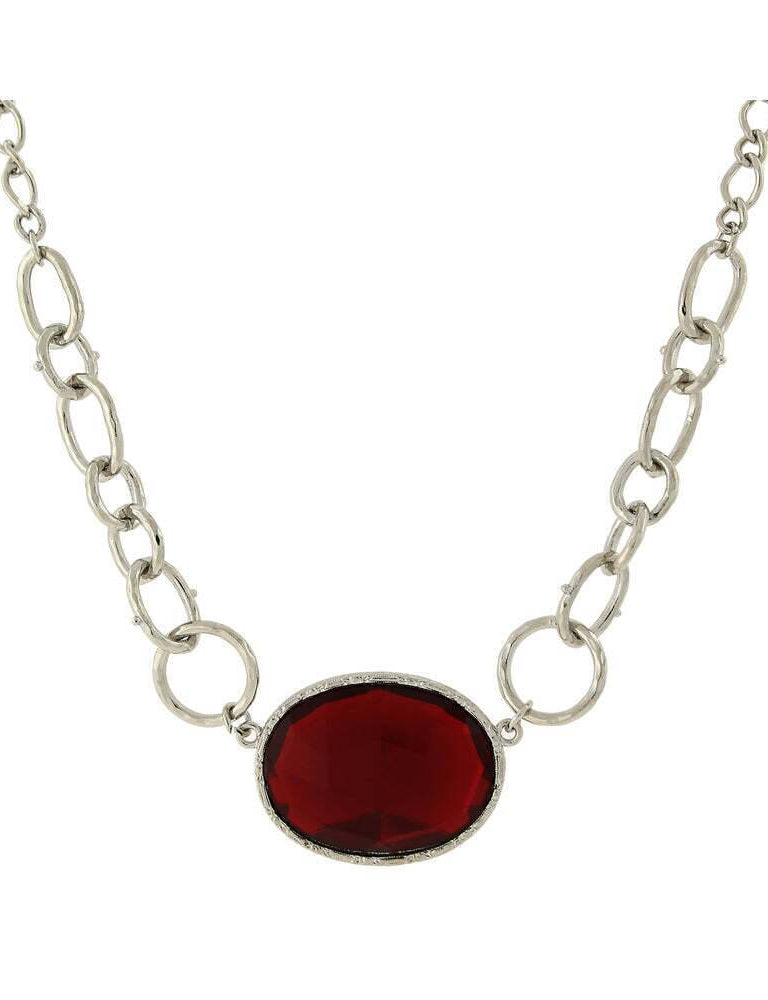 1928 Jewelry Ruby Red Faceted Oval Stone Pendant Necklace 16" + 3" Extender