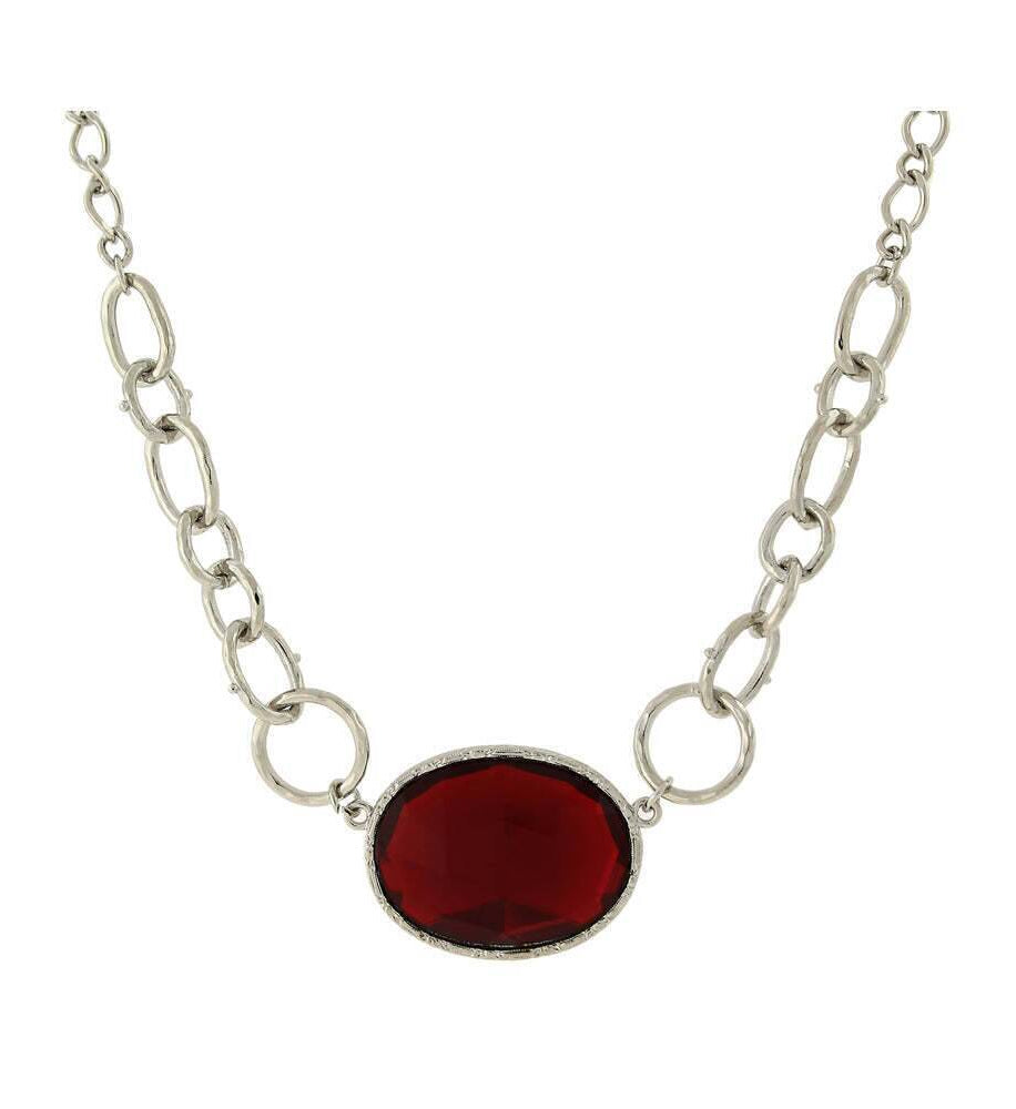 1928 Jewelry Ruby Red Faceted Oval Stone Pendant Necklace 16" + 3" Extender