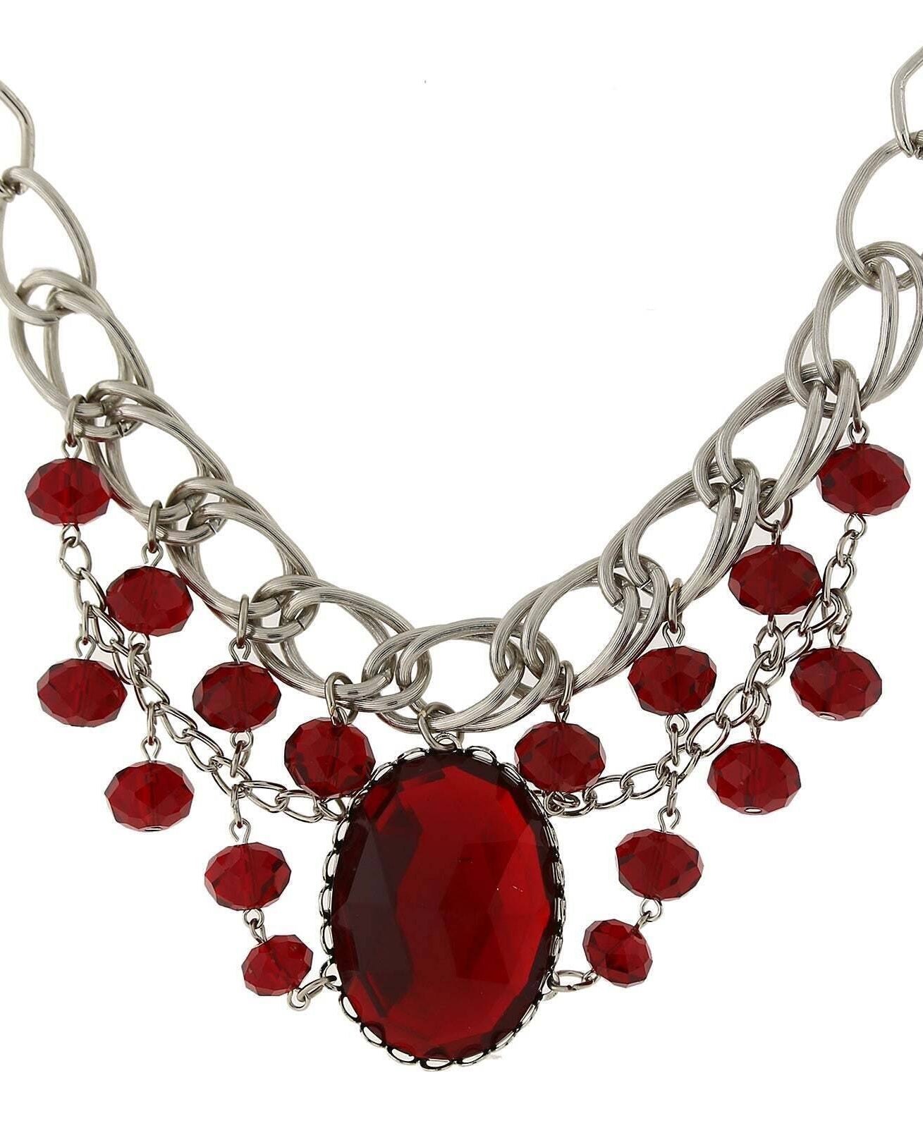1928 Jewelry Red Faceted Oval Stone And Crystal Bead Bib Necklace 18"