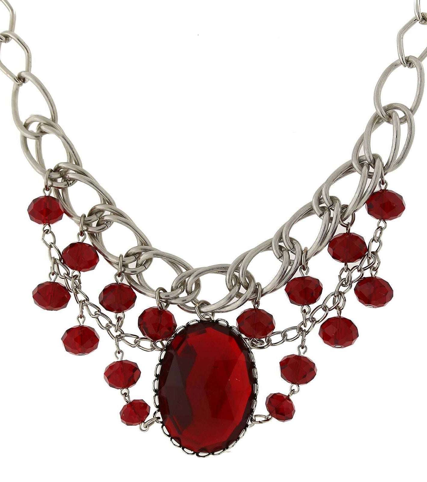 1928 Jewelry Red Faceted Oval Stone And Crystal Bead Bib Necklace 18"