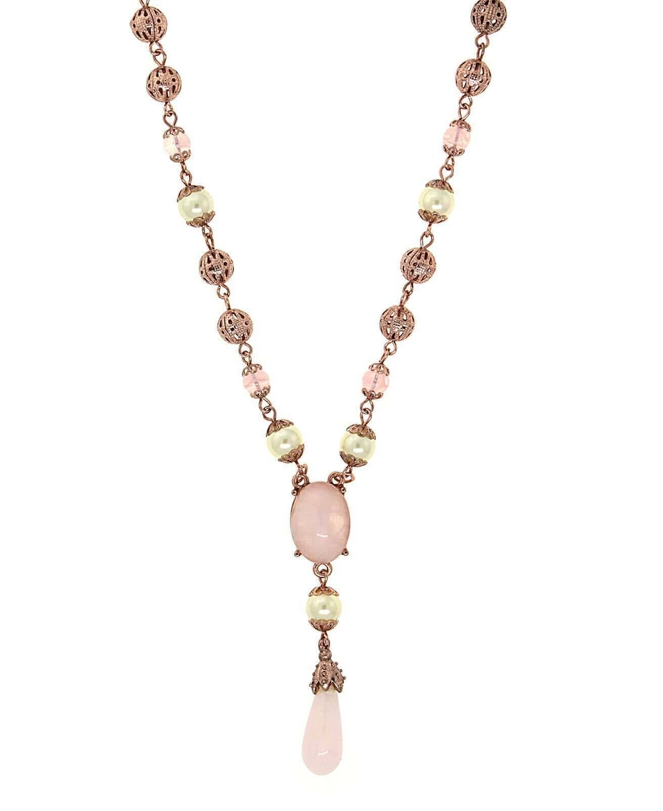 1928 Jewelry Rose Gold Faux Pearl Rose Quartz Y Necklace 16" + 3" Extender