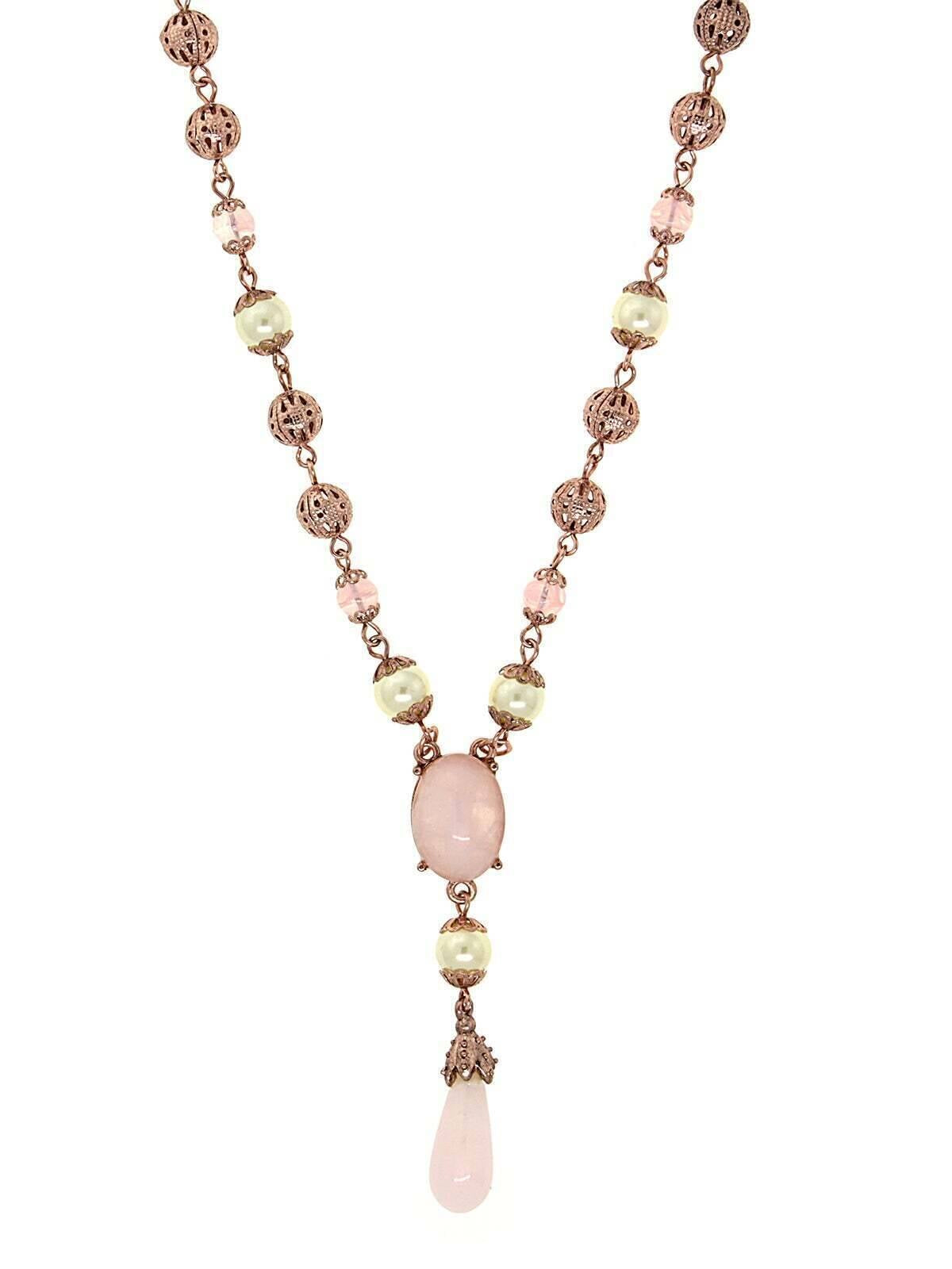 1928 Jewelry Rose Gold Faux Pearl Rose Quartz Y Necklace 16" + 3" Extender