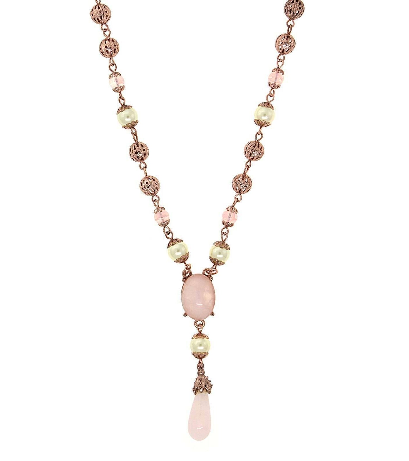 1928 Jewelry Rose Gold Faux Pearl Rose Quartz Y Necklace 16" + 3" Extender