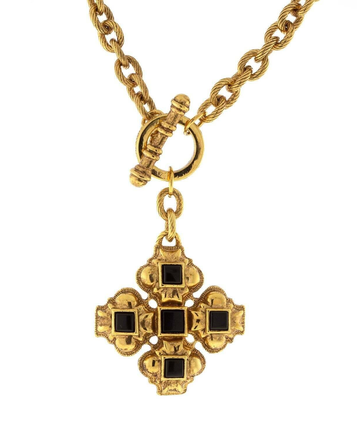 Antiquities Couture Vestments Square Black Onyx Cross Pendant Toggle Necklace 17"