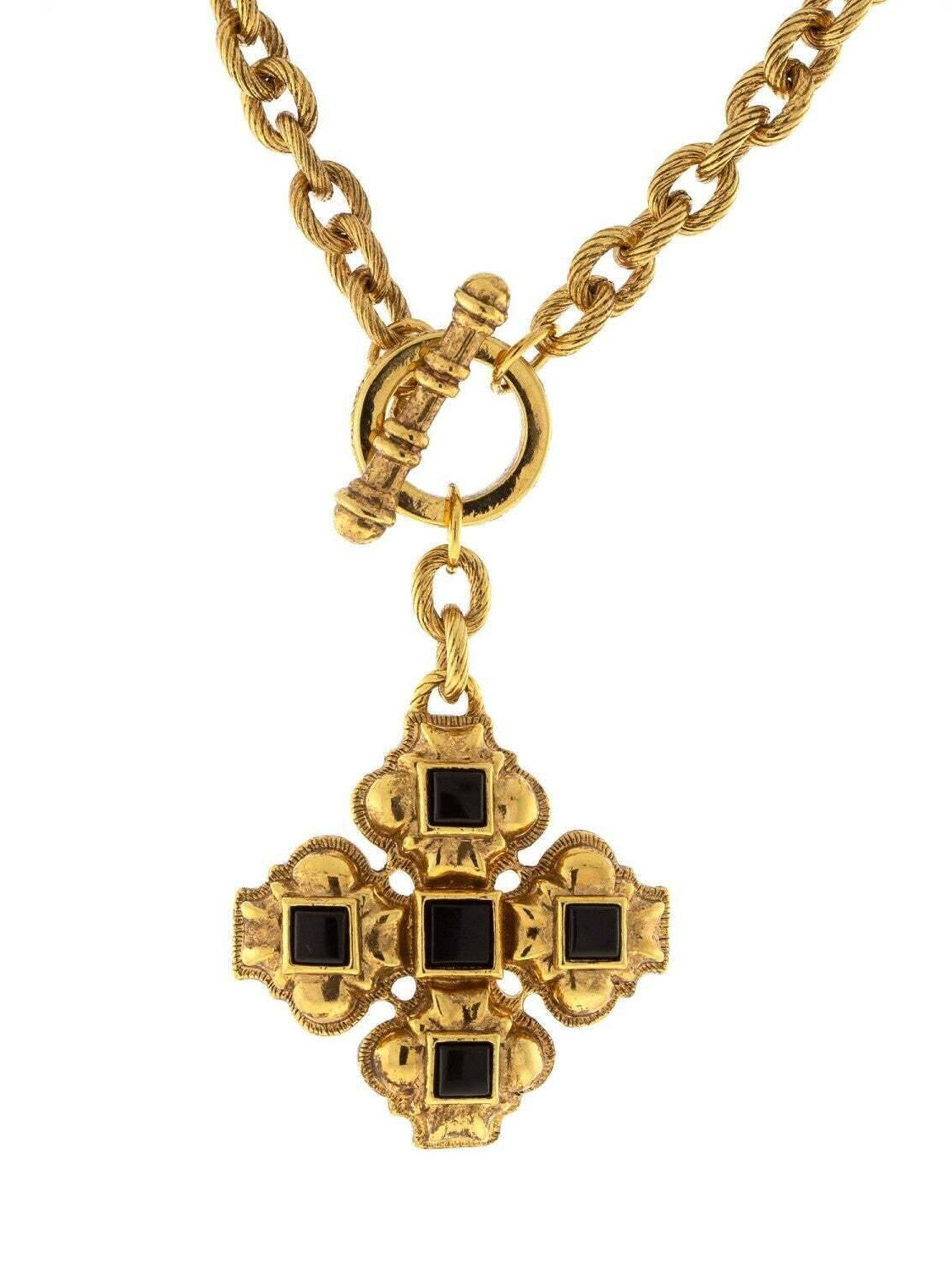 Antiquities Couture Vestments Square Black Onyx Cross Pendant Toggle Necklace 17"