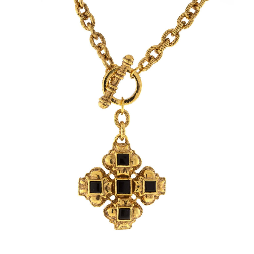 Vestments Square Black Onyx Cross Pendant Toggle Necklace  17 Inch Chain