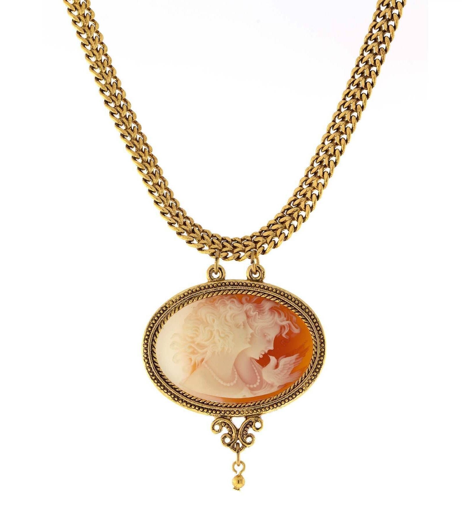 Antiquities Couture Carnelian Red Cameo Twin Muse & Bird Pendant Necklace 17"