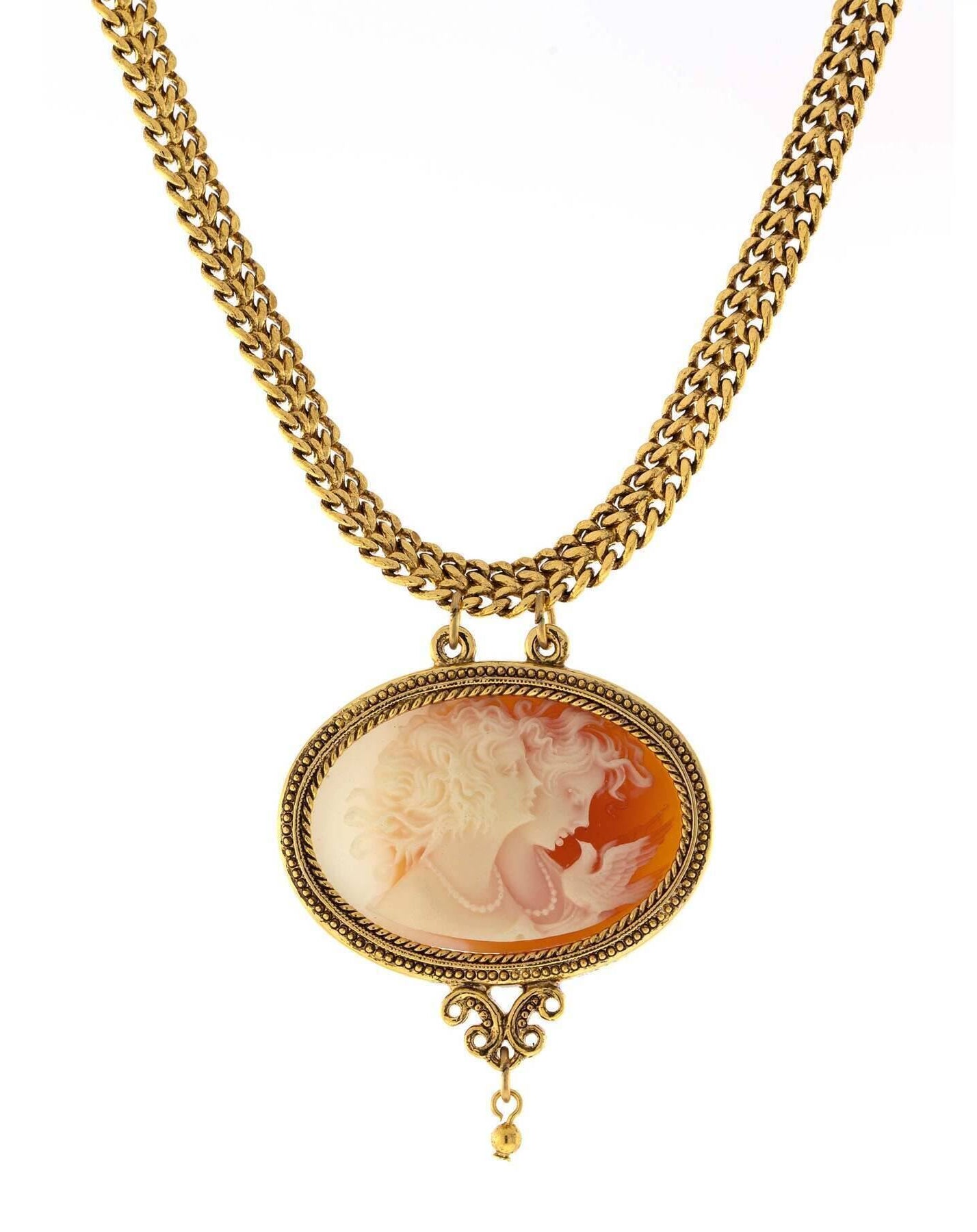 Antiquities Couture Carnelian Red Cameo Twin Muse & Bird Pendant Necklace 17"