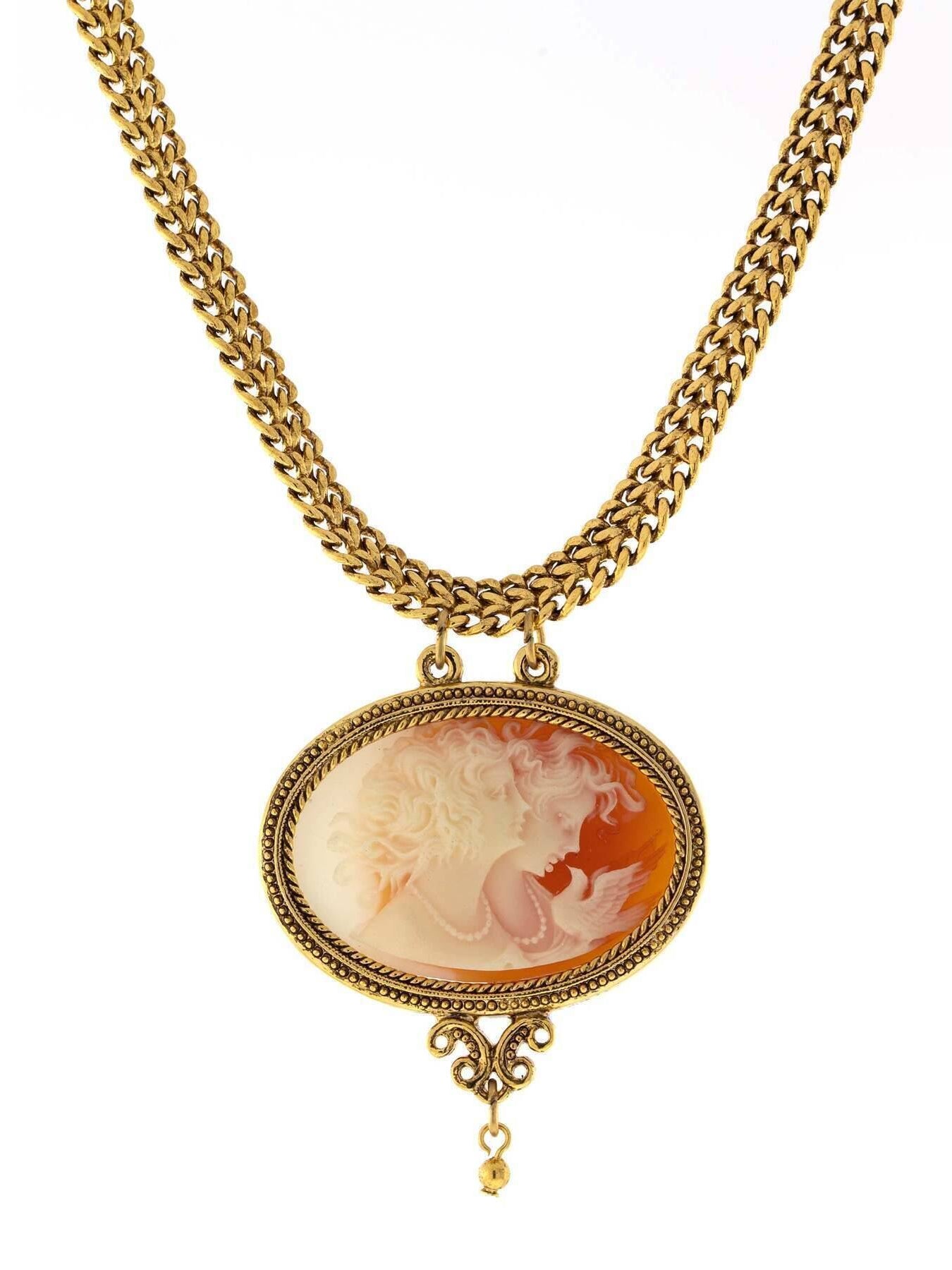 Antiquities Couture Carnelian Red Cameo Twin Muse & Bird Pendant Necklace 17"