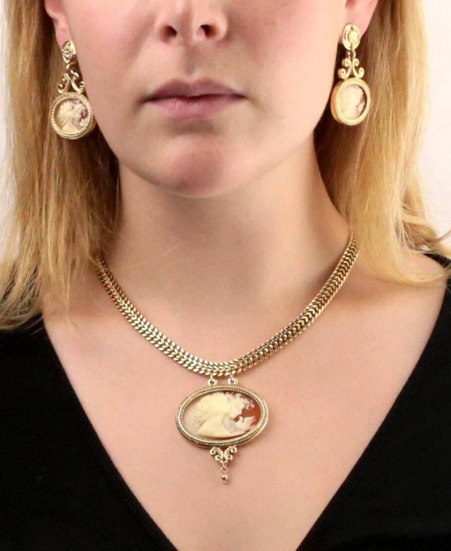 Antiquities Couture Carnelian Red Cameo Twin Muse & Bird Pendant Necklace 17"