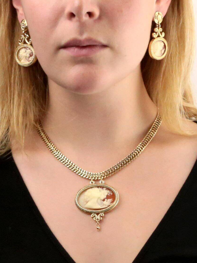 Antiquities Couture Carnelian Red Cameo Twin Muse & Bird Pendant Necklace 17"