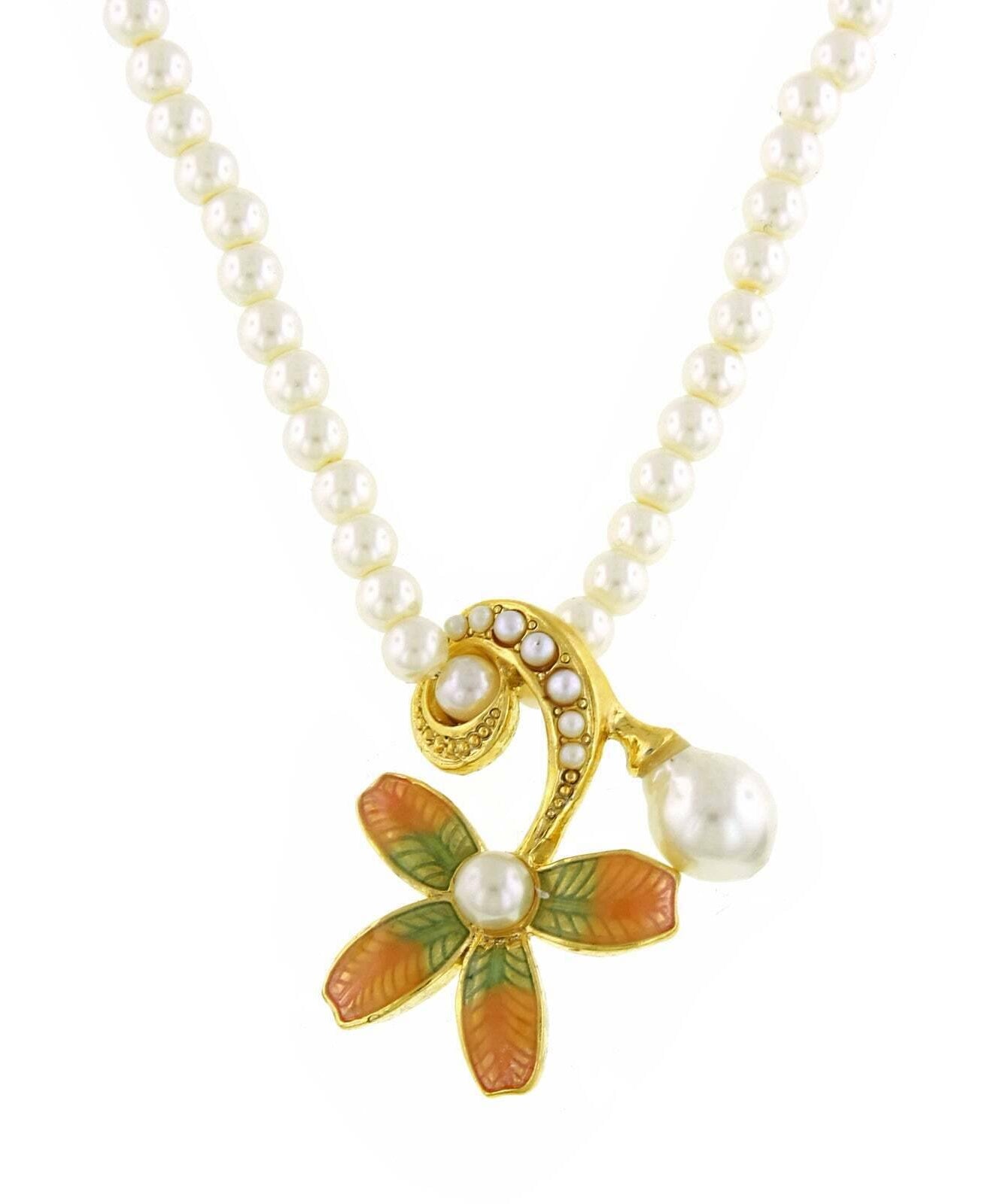 Antiquities Couture Fantasia Fiori 4mm Faux Pearl Strand Floral Pendant Necklace 16" + 3" Extender