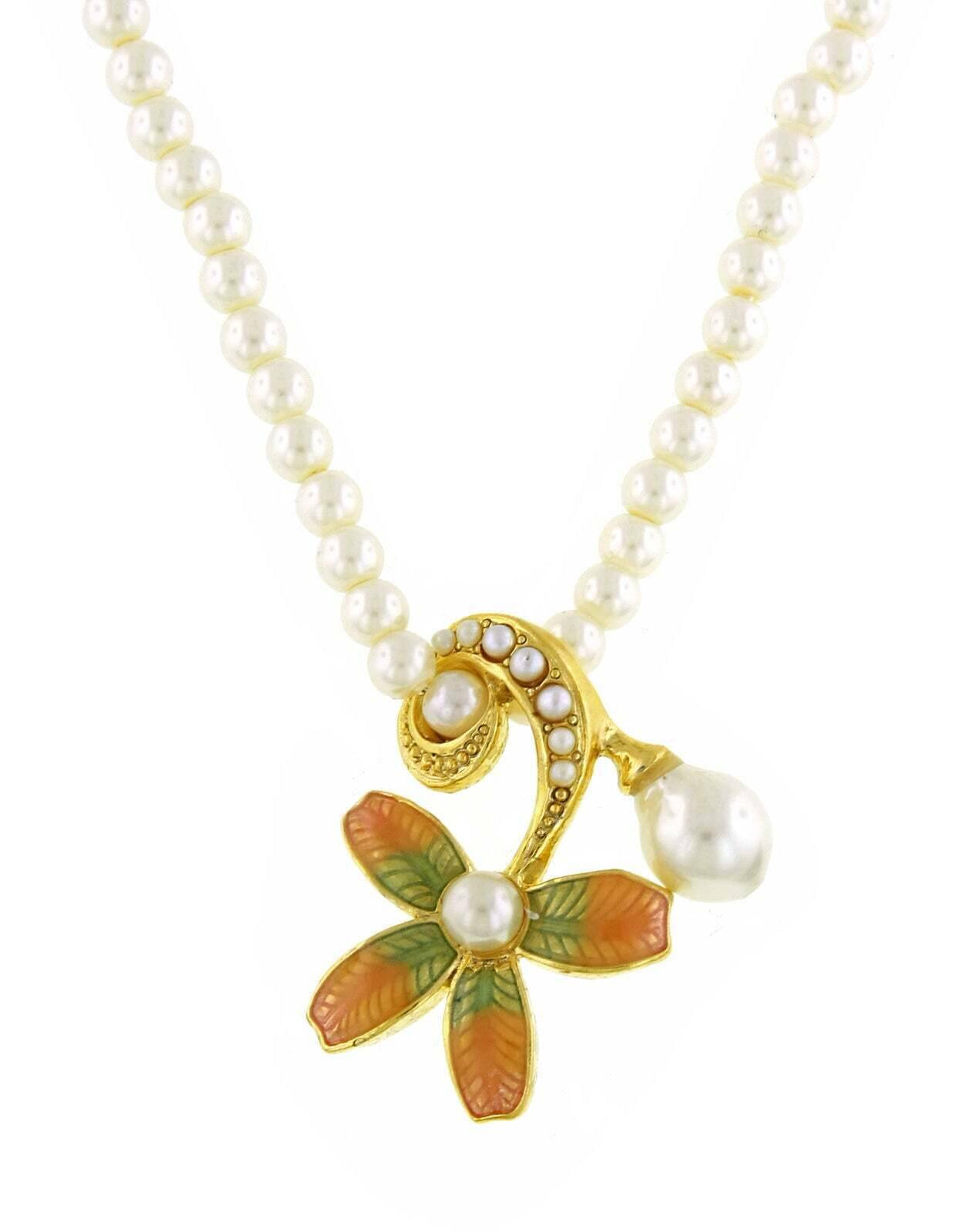 Antiquities Couture Fantasia Fiori 4mm Faux Pearl Strand Floral Pendant Necklace 16" + 3" Extender