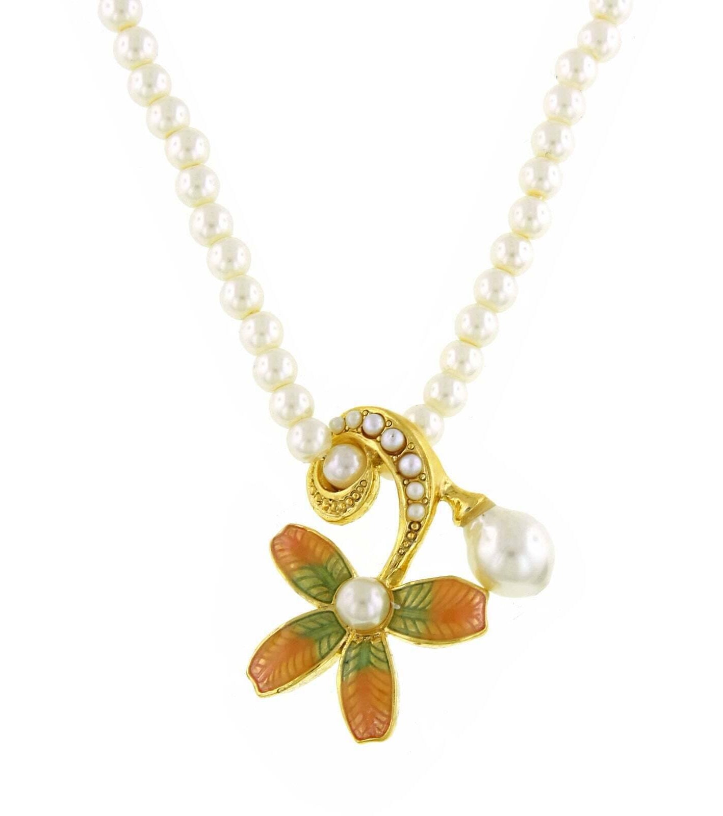 Antiquities Couture Fantasia Fiori 4mm Faux Pearl Strand Floral Pendant Necklace 16" + 3" Extender