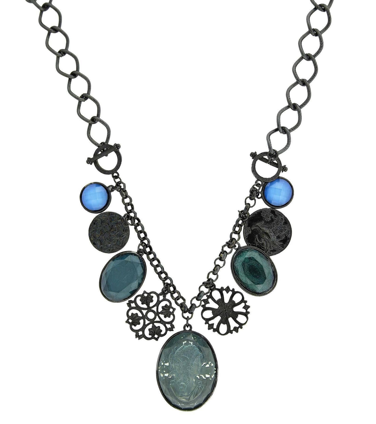 2028 Jewelry Blue Multi Drop Victorian Cameo Pendant Necklace 16" + 3" Extender
