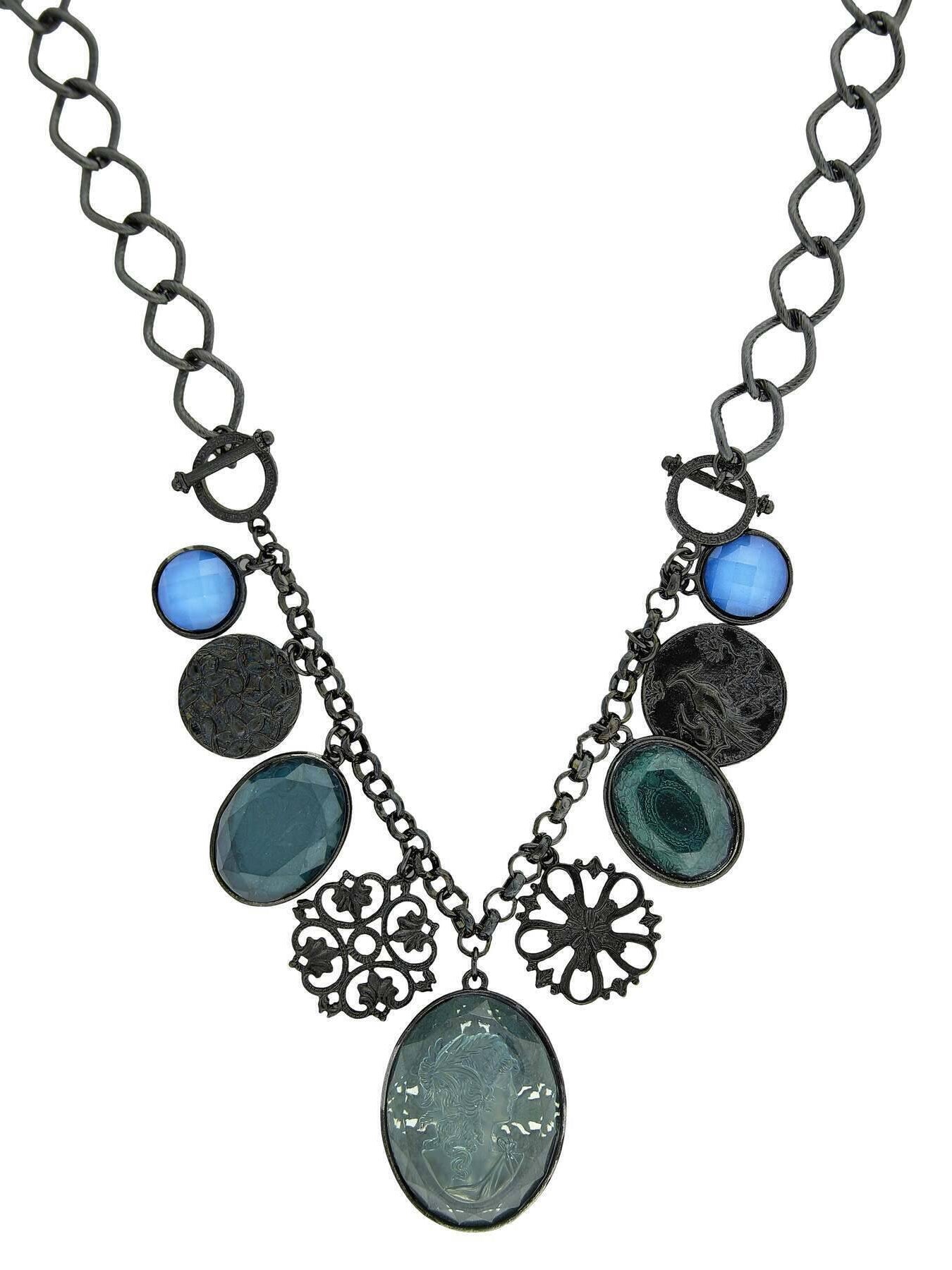 2028 Jewelry Blue Multi Drop Victorian Cameo Pendant Necklace 16" + 3" Extender