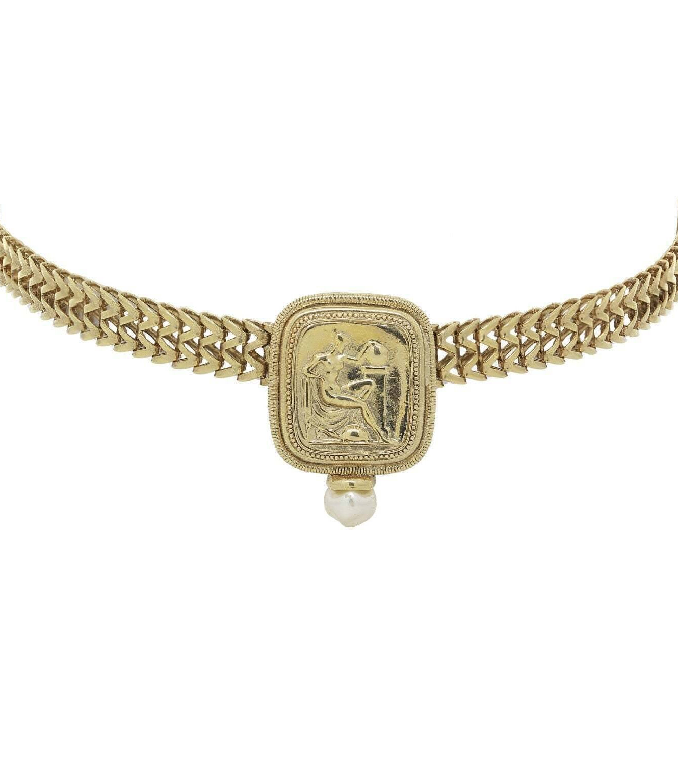 Antiquities Couture Gold Classical Grecian Goddess Faux Pearl Link Necklace 17"