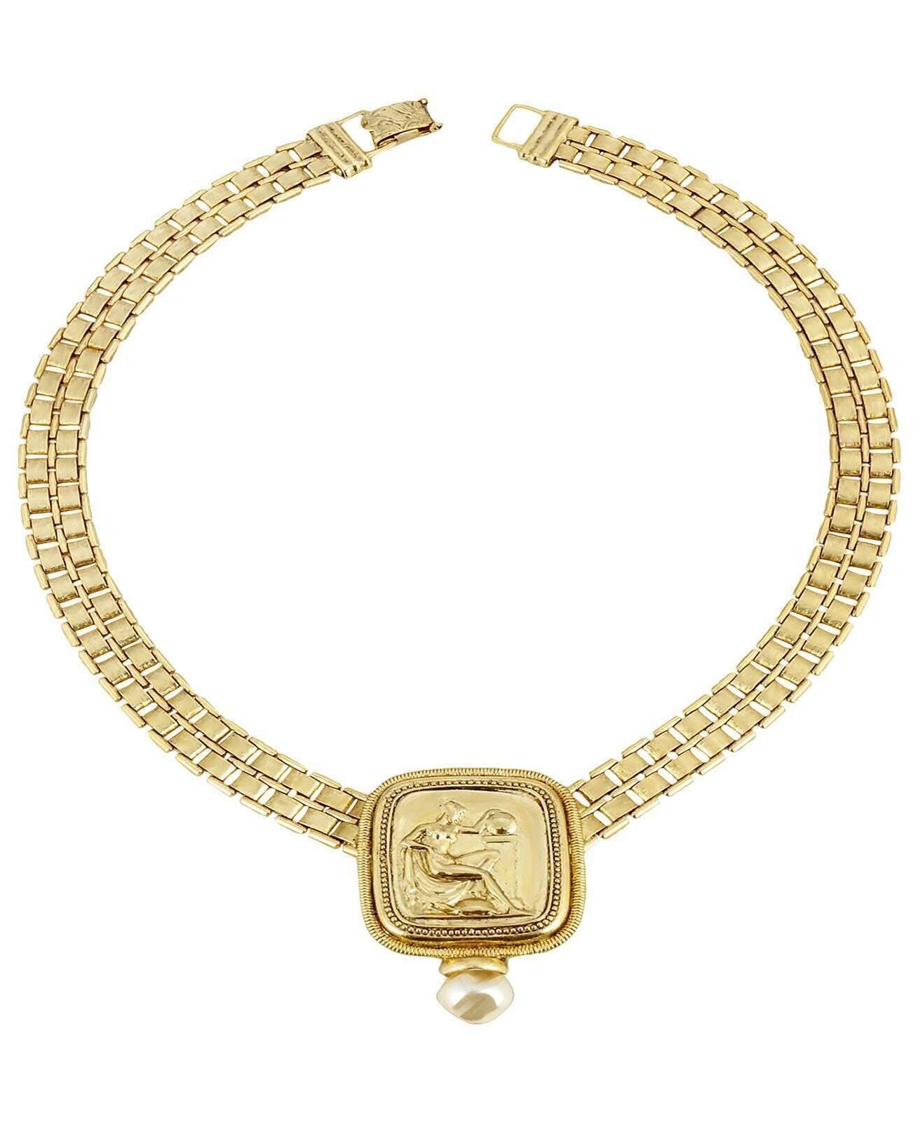 Antiquities Couture Gold Classical Grecian Goddess Faux Pearl Link Necklace 17"