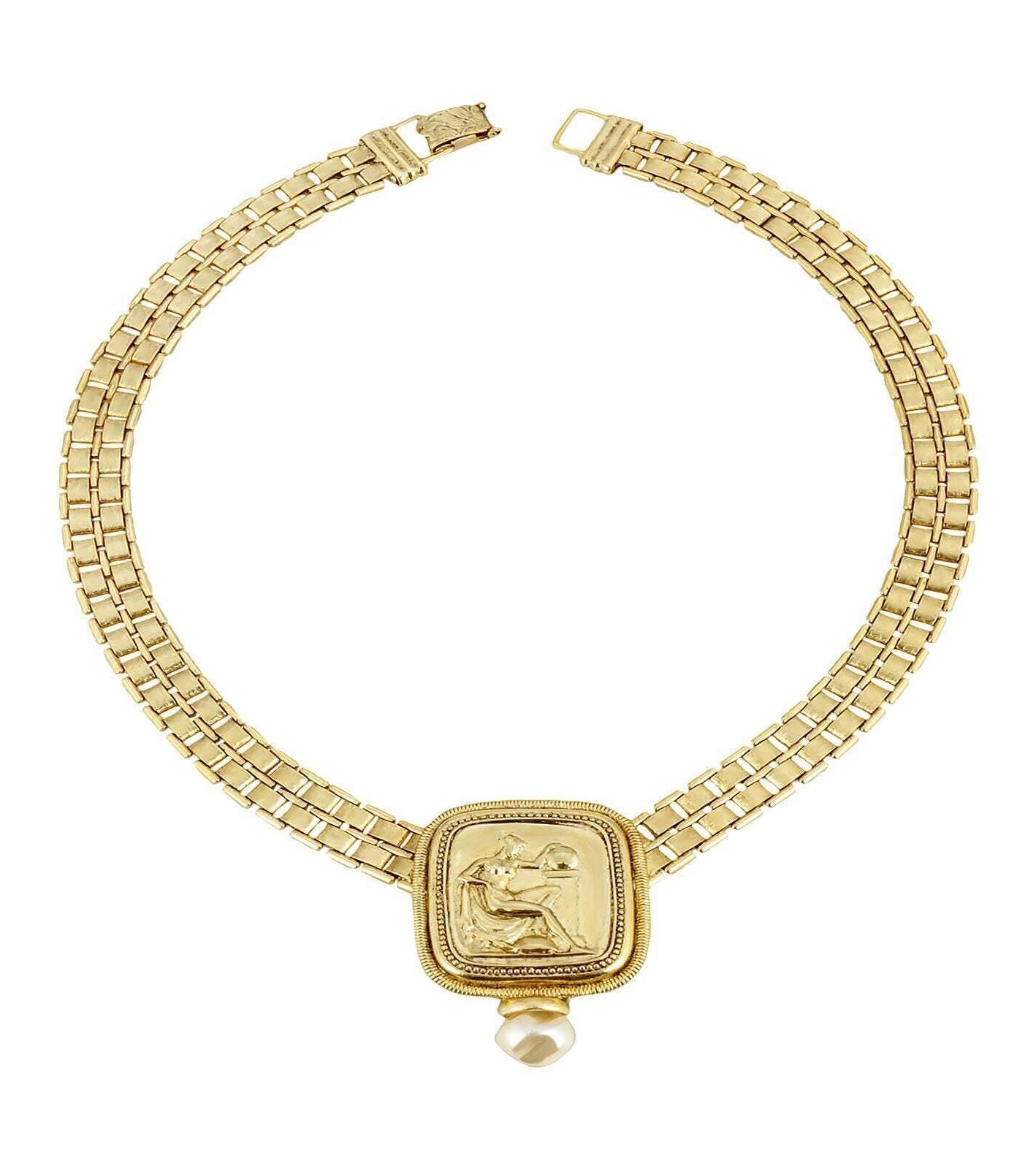 Antiquities Couture Gold Classical Grecian Goddess Faux Pearl Link Necklace 17"