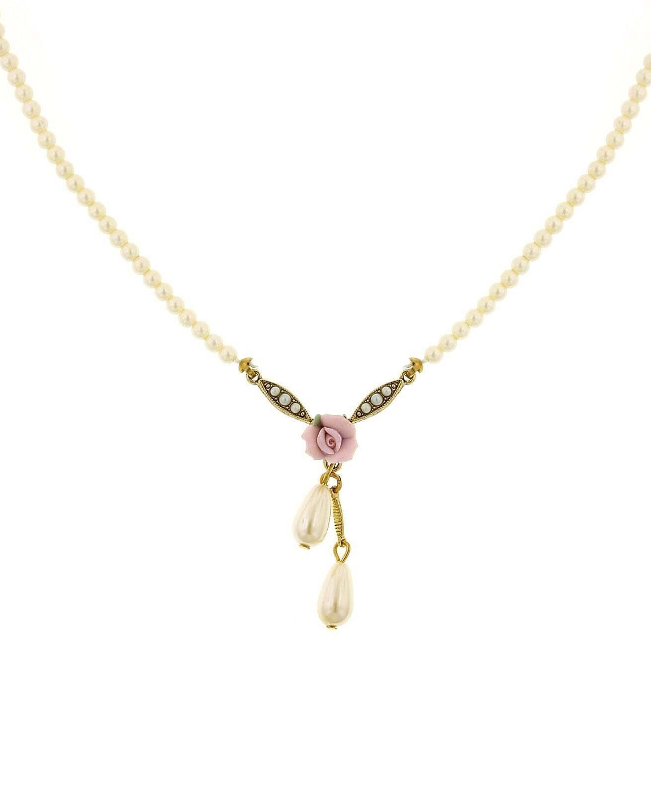 1928 Bridal Porcelain Rose And 3mm Faux Pearl Strand Drop Pendant Necklace 16" + 3" Extender