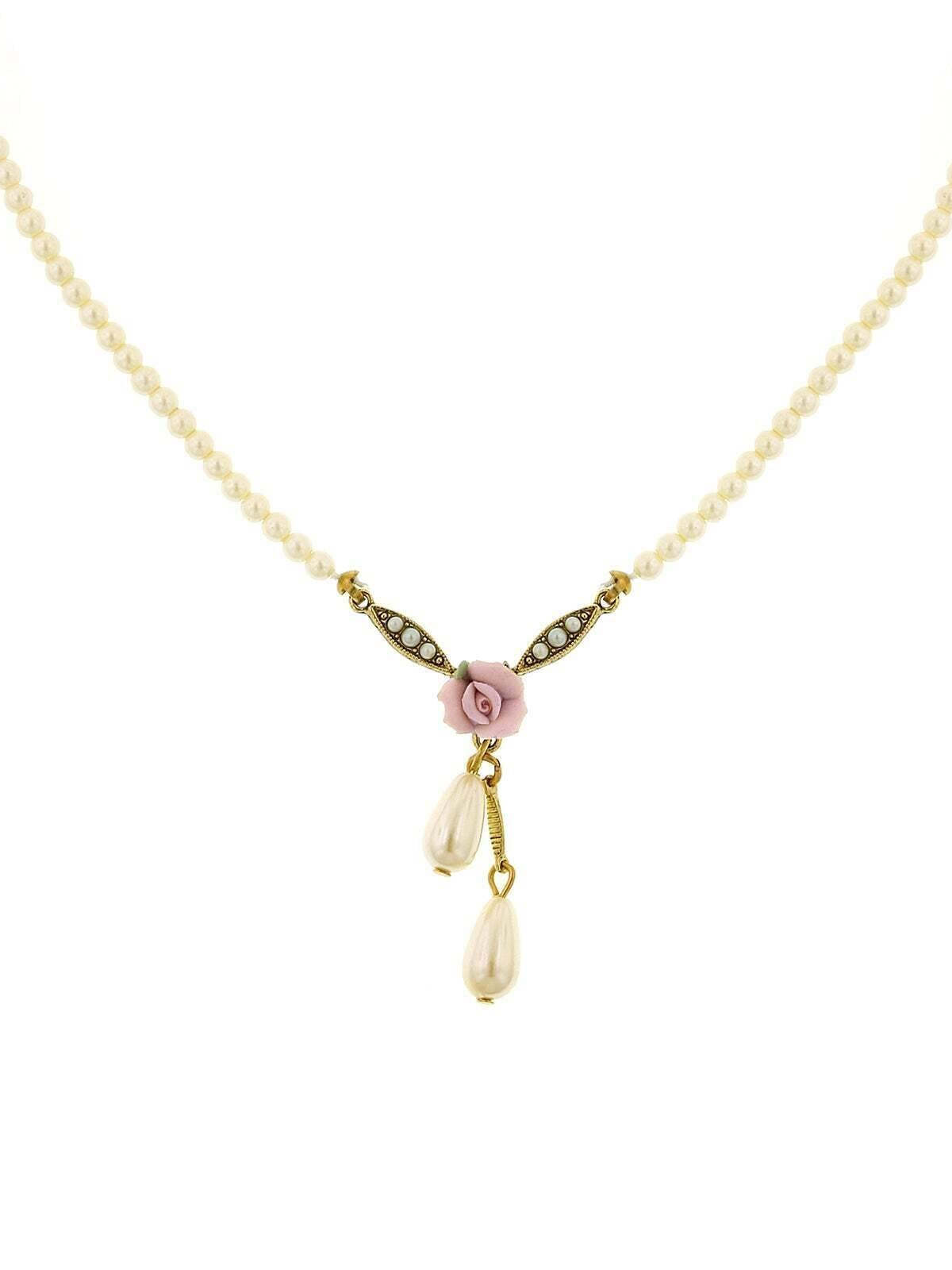 1928 Bridal Porcelain Rose And 3mm Faux Pearl Strand Drop Pendant Necklace 16" + 3" Extender