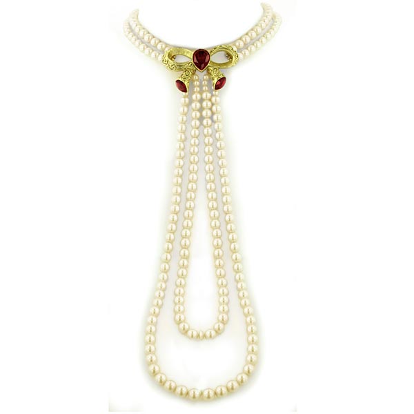 Faux Pearl Red Duo Rope Necklace 17 Inch Chain