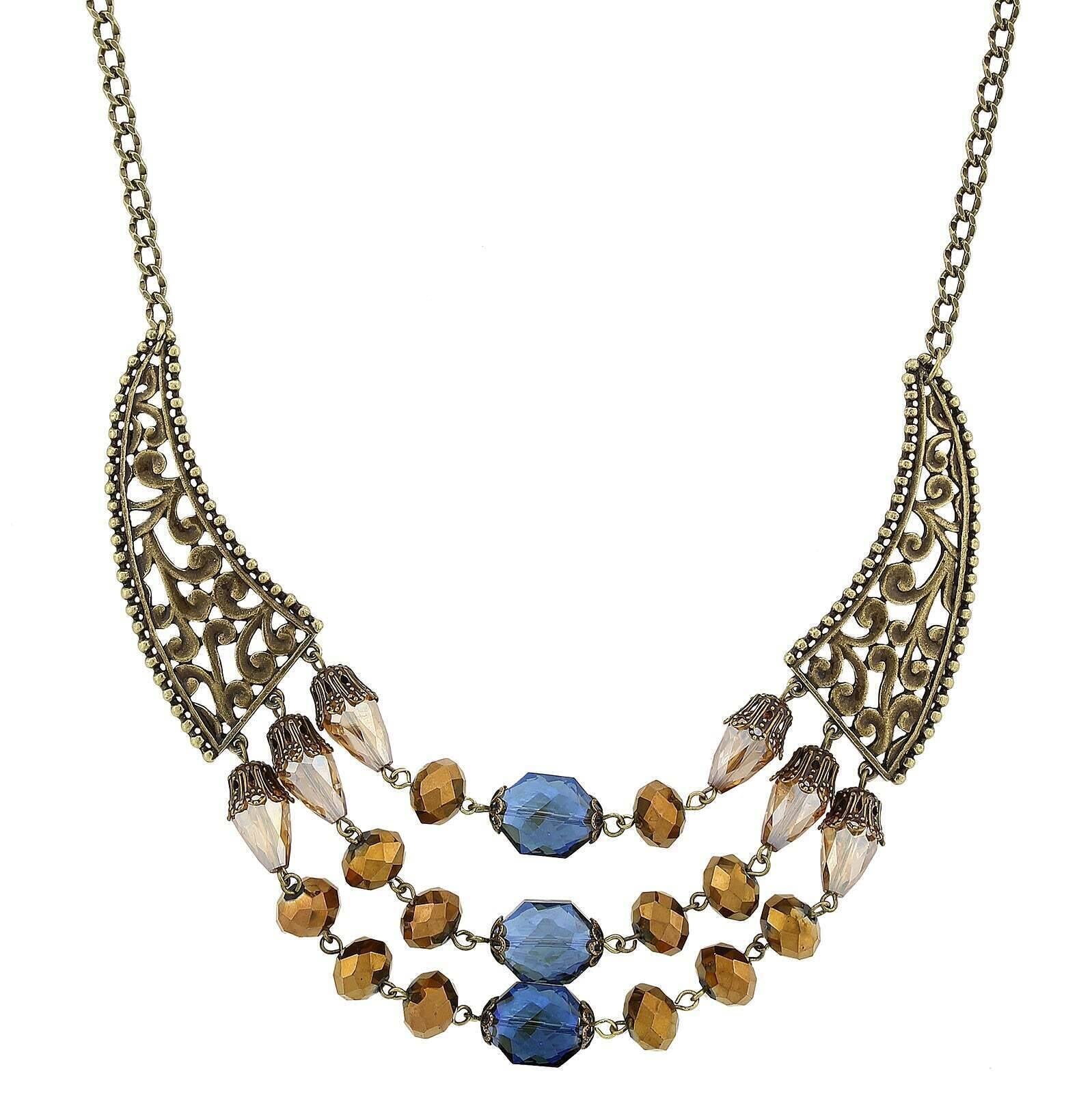 2028 Jewelry Burnished Brass Bronze Blue Light Topaz Bib Necklace 16" + 3" Extender