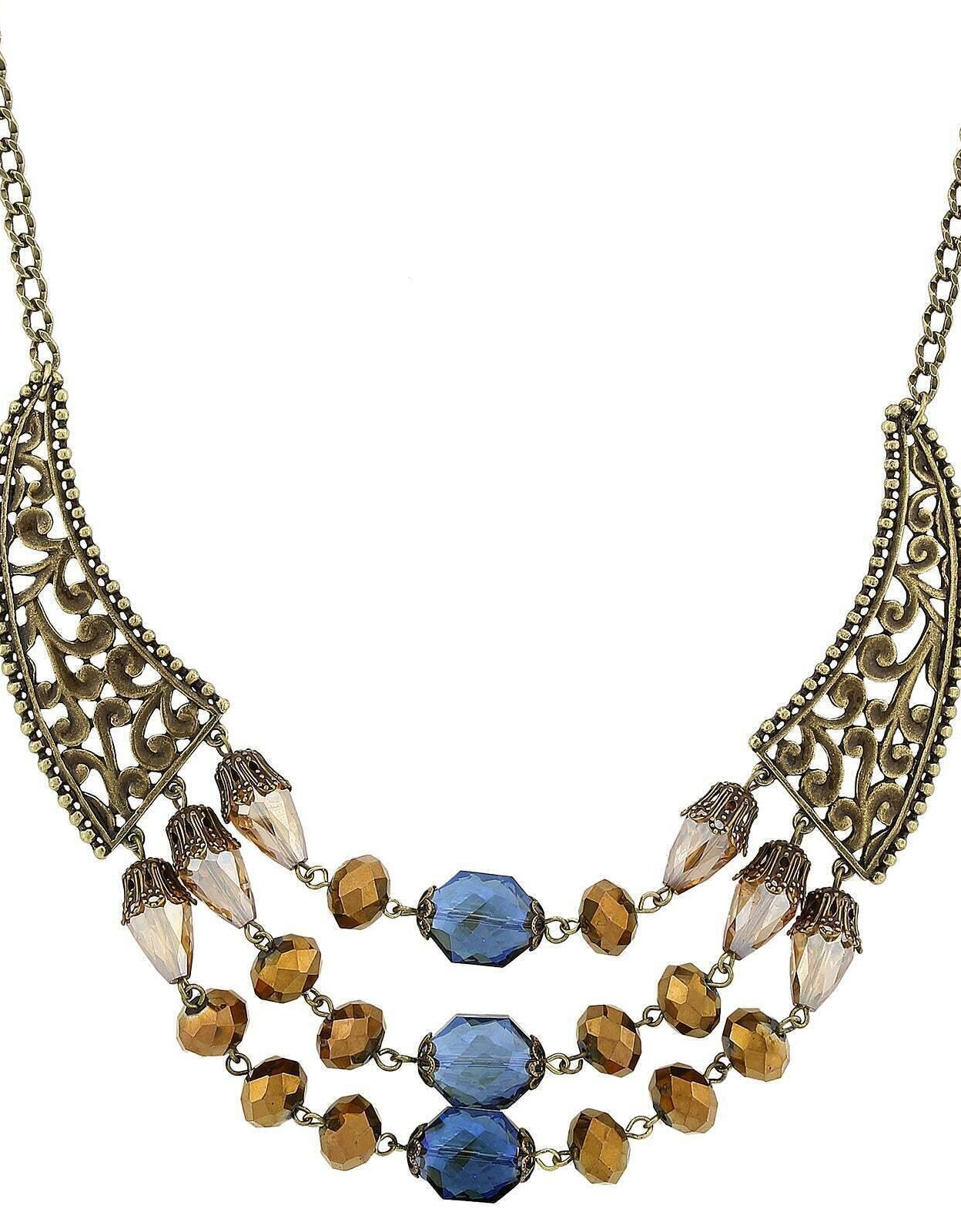 2028 Jewelry Burnished Brass Bronze Blue Light Topaz Bib Necklace 16" + 3" Extender