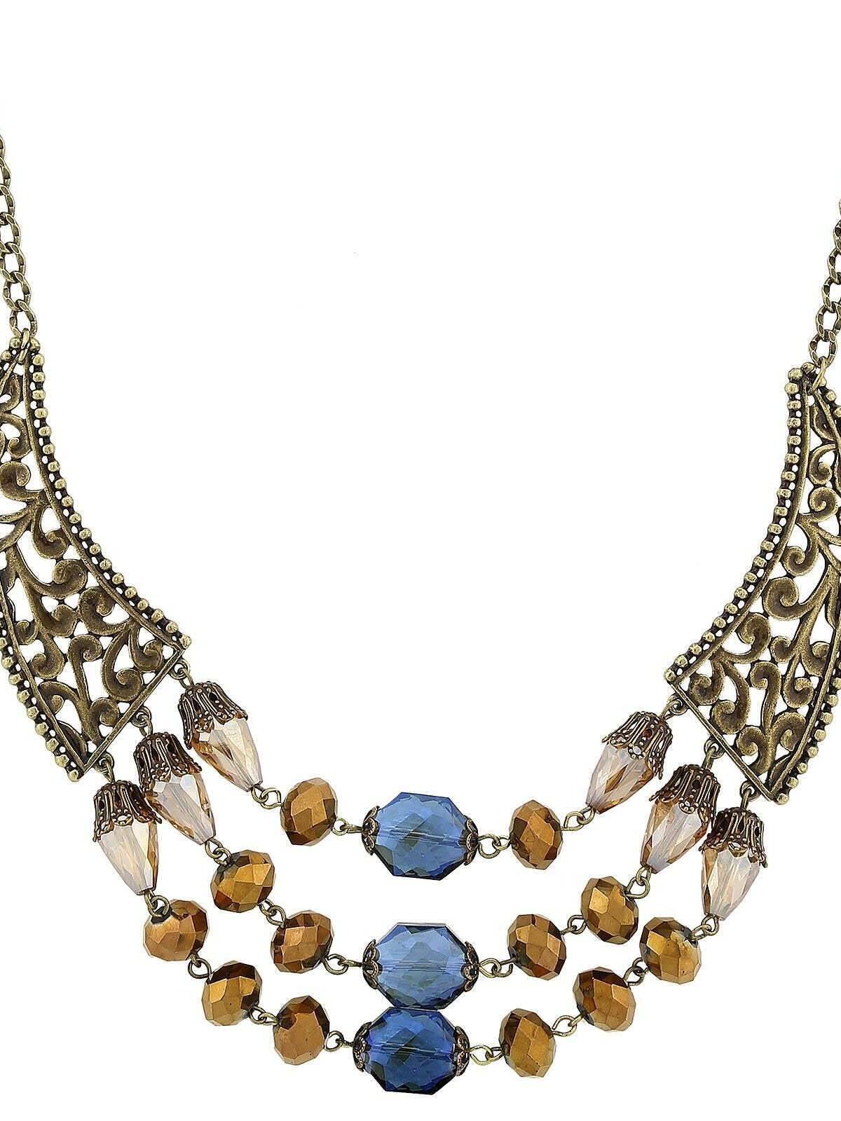 2028 Jewelry Burnished Brass Bronze Blue Light Topaz Bib Necklace 16" + 3" Extender