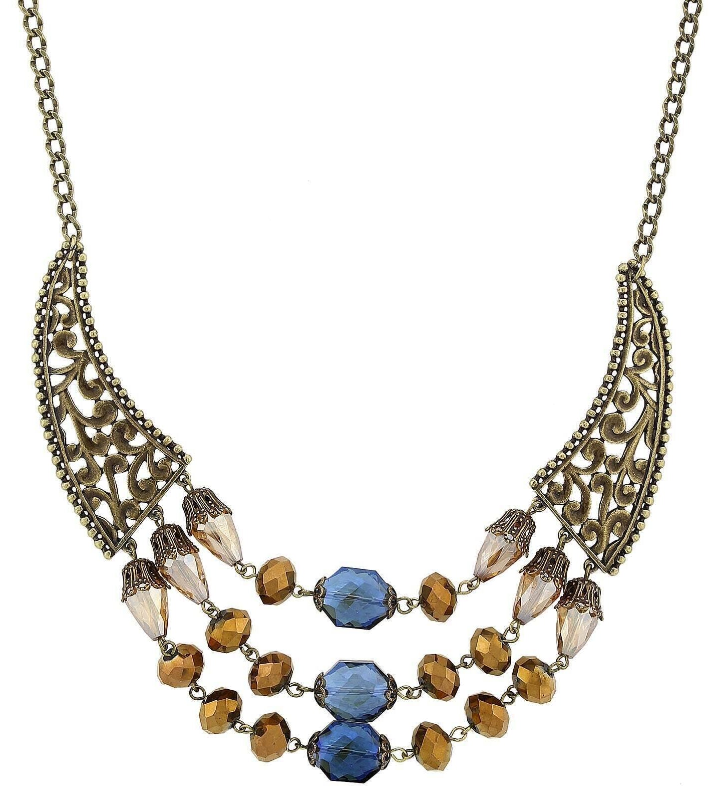 2028 Jewelry Burnished Brass Bronze Blue Light Topaz Bib Necklace 16" + 3" Extender