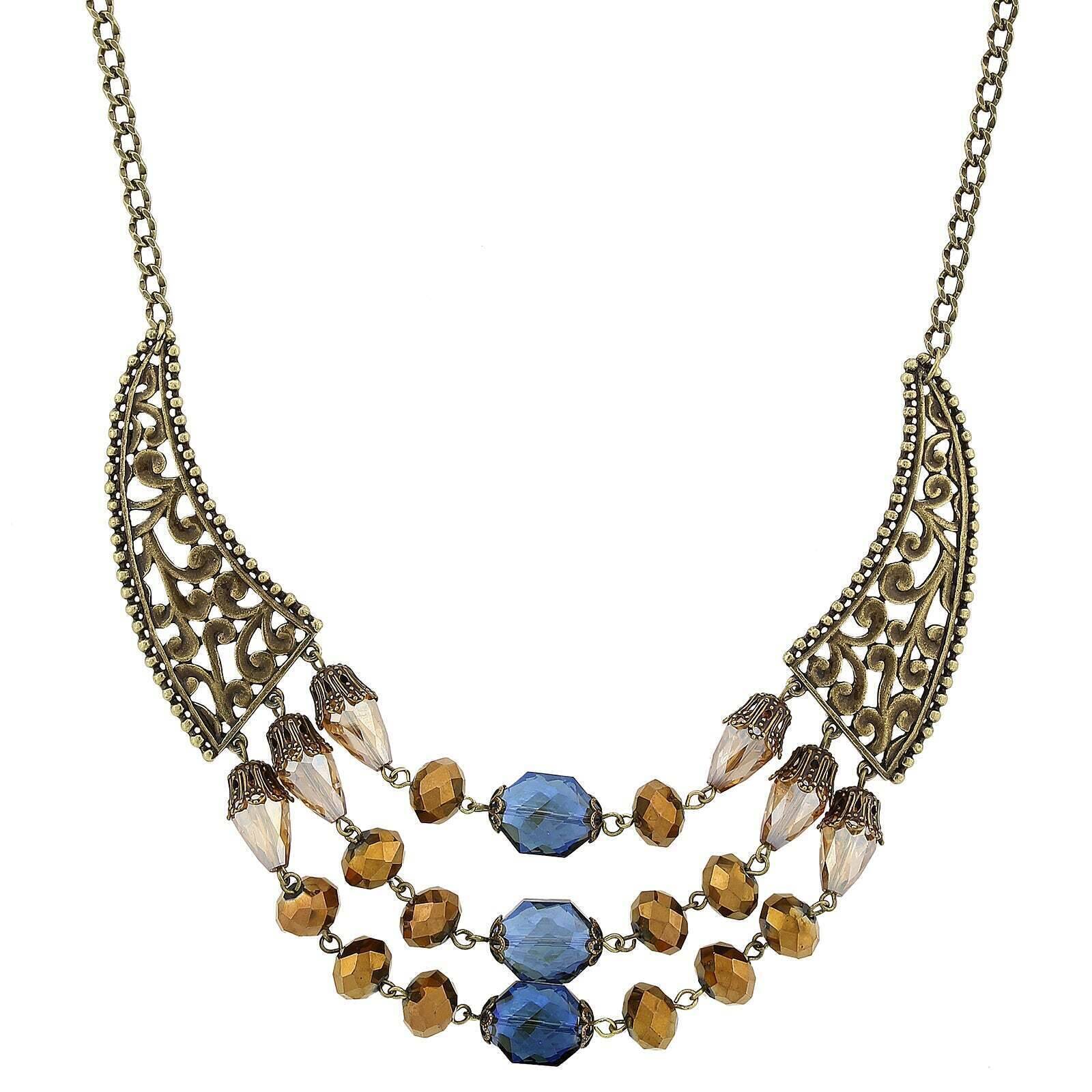 2028 Jewelry Burnished Brass Bronze Blue Light Topaz Bib Necklace 16" + 3" Extender