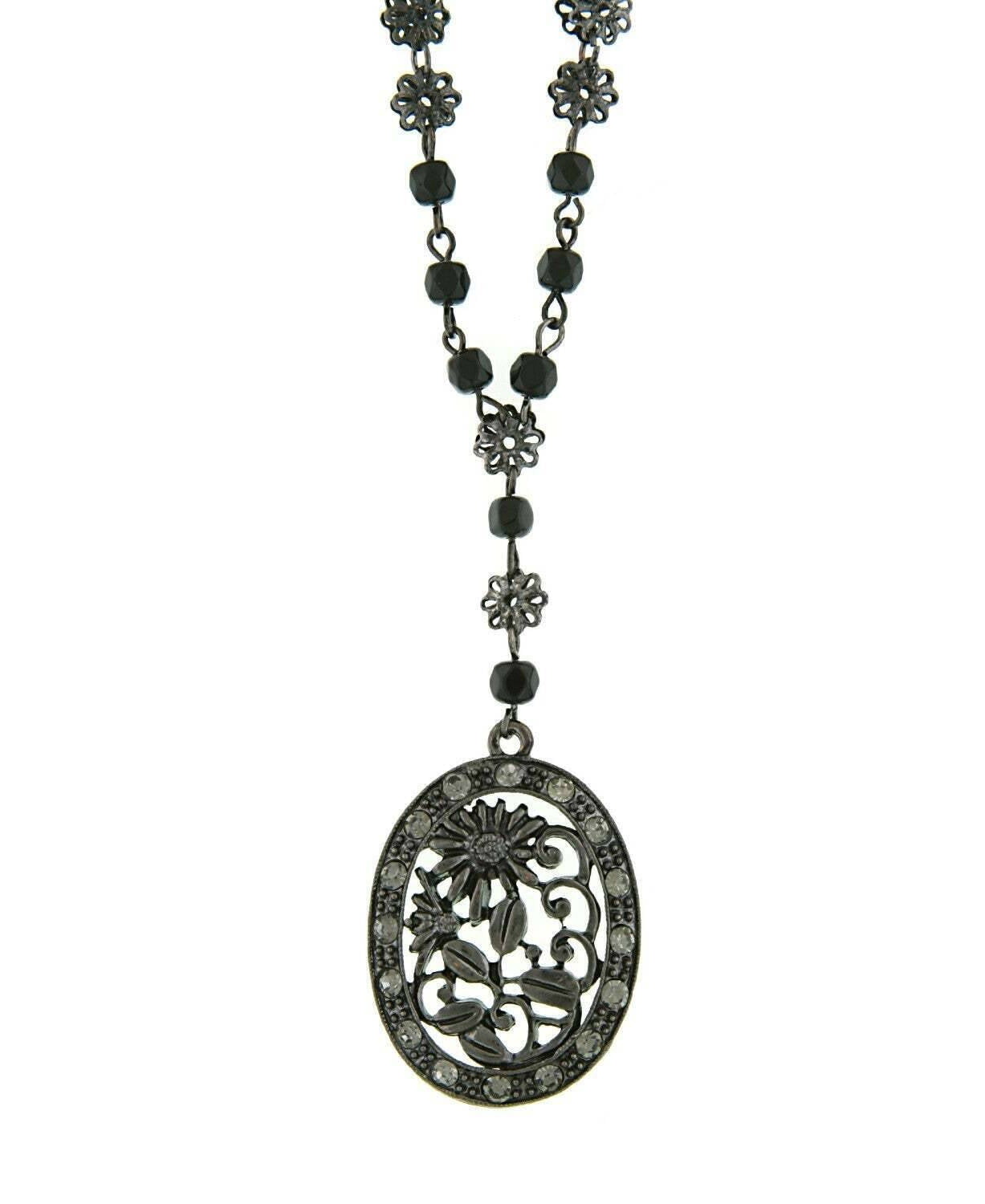 1928 Jewelry Black Diamond Color Crystal Flower Pendant Necklace 16" + 3" Extender