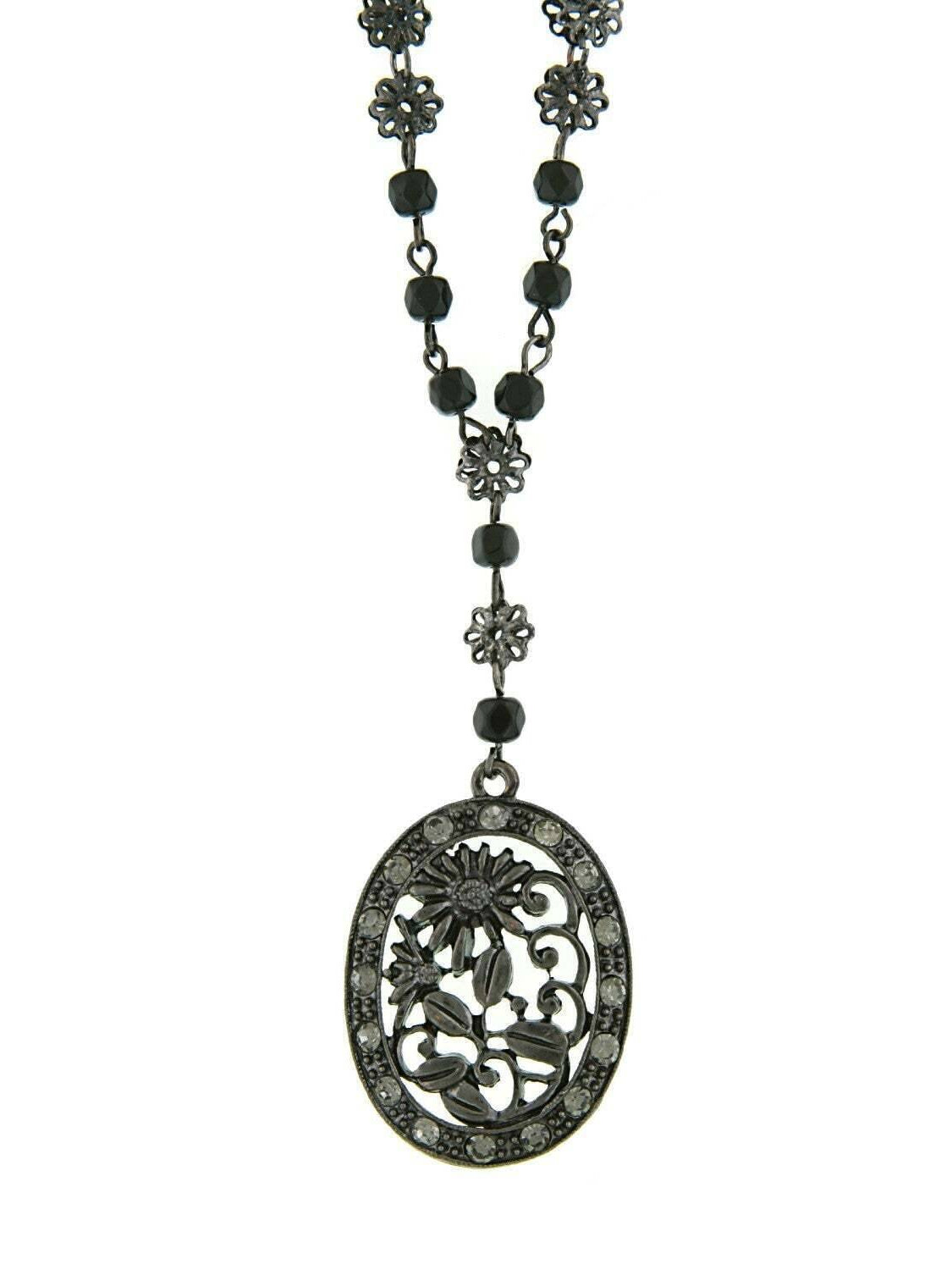 1928 Jewelry Black Diamond Color Crystal Flower Pendant Necklace 16" + 3" Extender