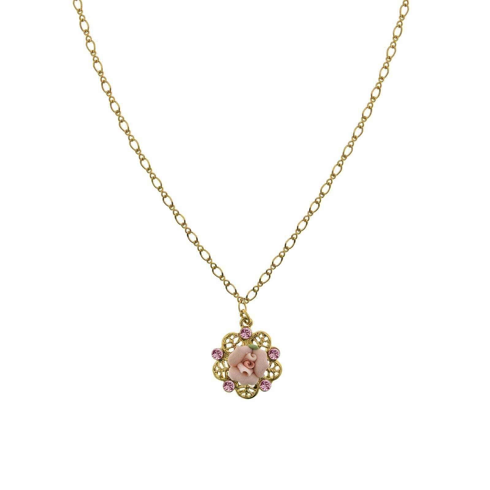 1928 Bridal Pink Crystal And Porcelain Rose Filigree Pendant Necklace 16" + 3" Extender