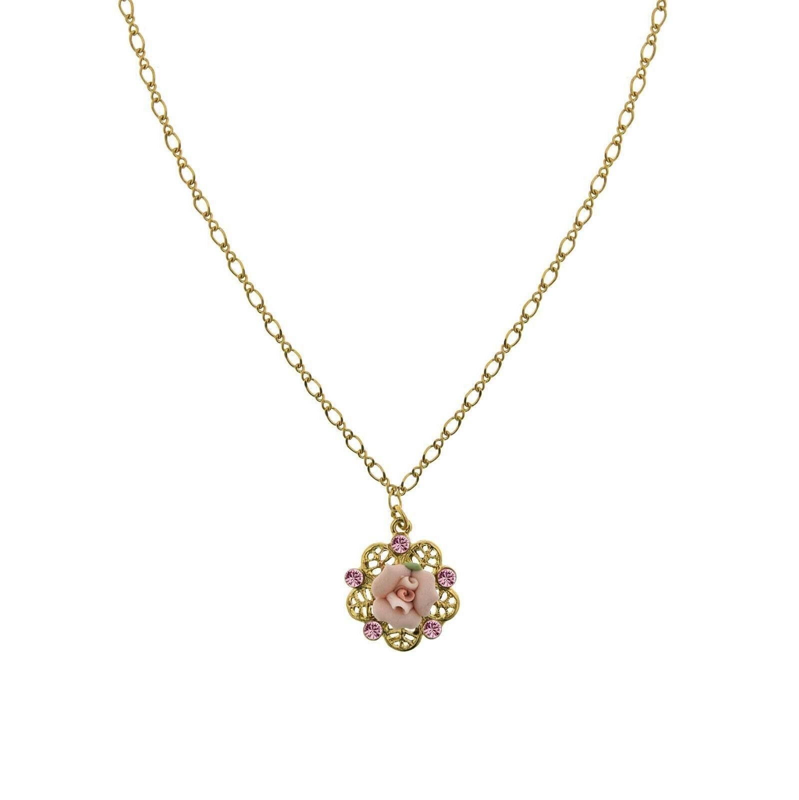 1928 Bridal Pink Crystal And Porcelain Rose Filigree Pendant Necklace 16" + 3" Extender