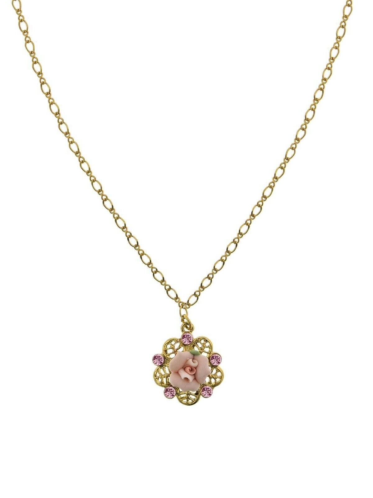 1928 Bridal Pink Crystal And Porcelain Rose Filigree Pendant Necklace 16" + 3" Extender