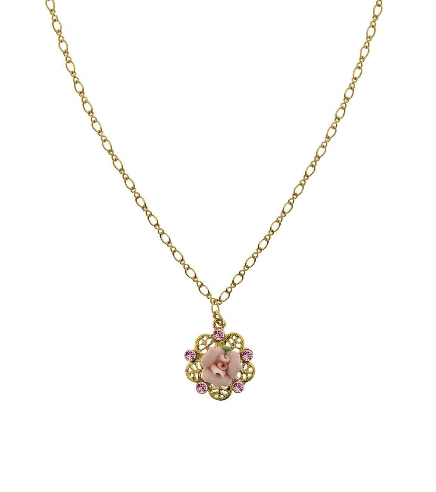 1928 Bridal Pink Crystal And Porcelain Rose Filigree Pendant Necklace 16" + 3" Extender