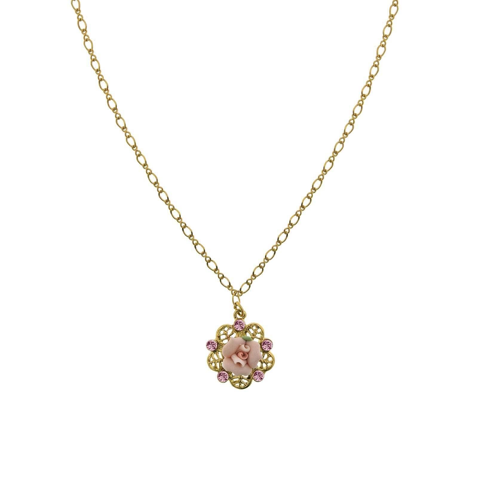 1928 Bridal Pink Crystal And Porcelain Rose Filigree Pendant Necklace 16" + 3" Extender