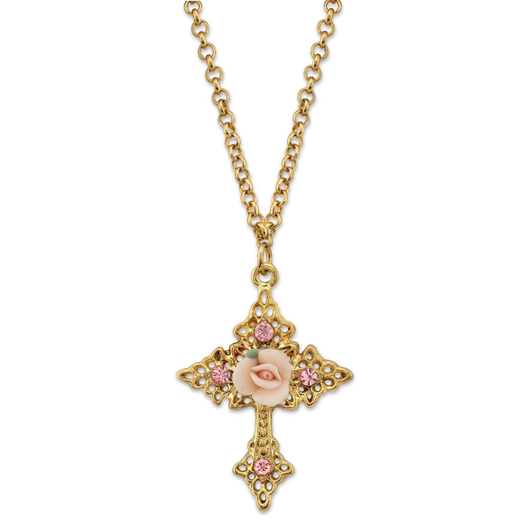 1928 Jewelry Porcelain Rose Cross Filigree Pendant Necklace 18" + 3" Extender