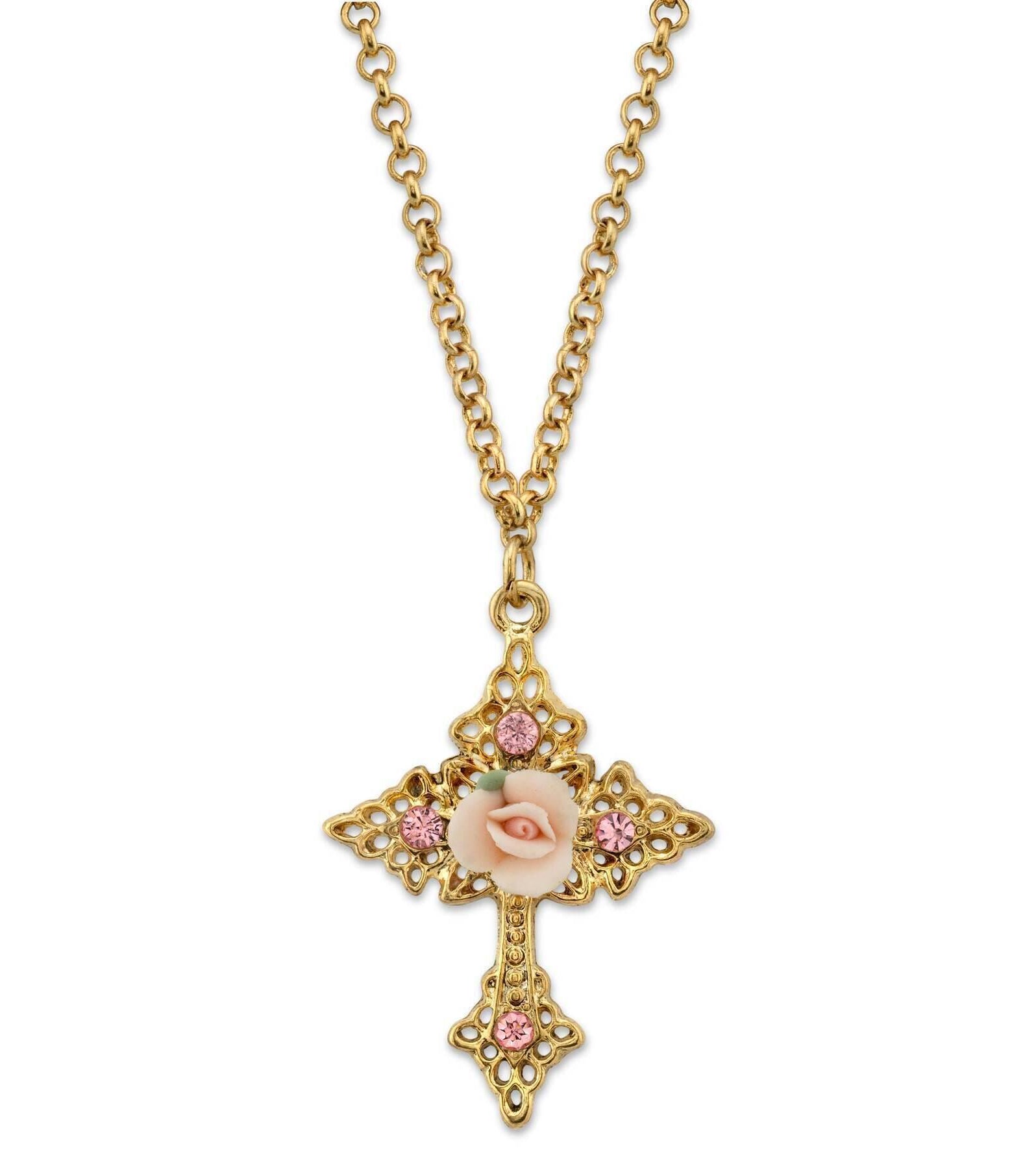 1928 Jewelry Porcelain Rose Cross Filigree Pendant Necklace 18" + 3" Extender