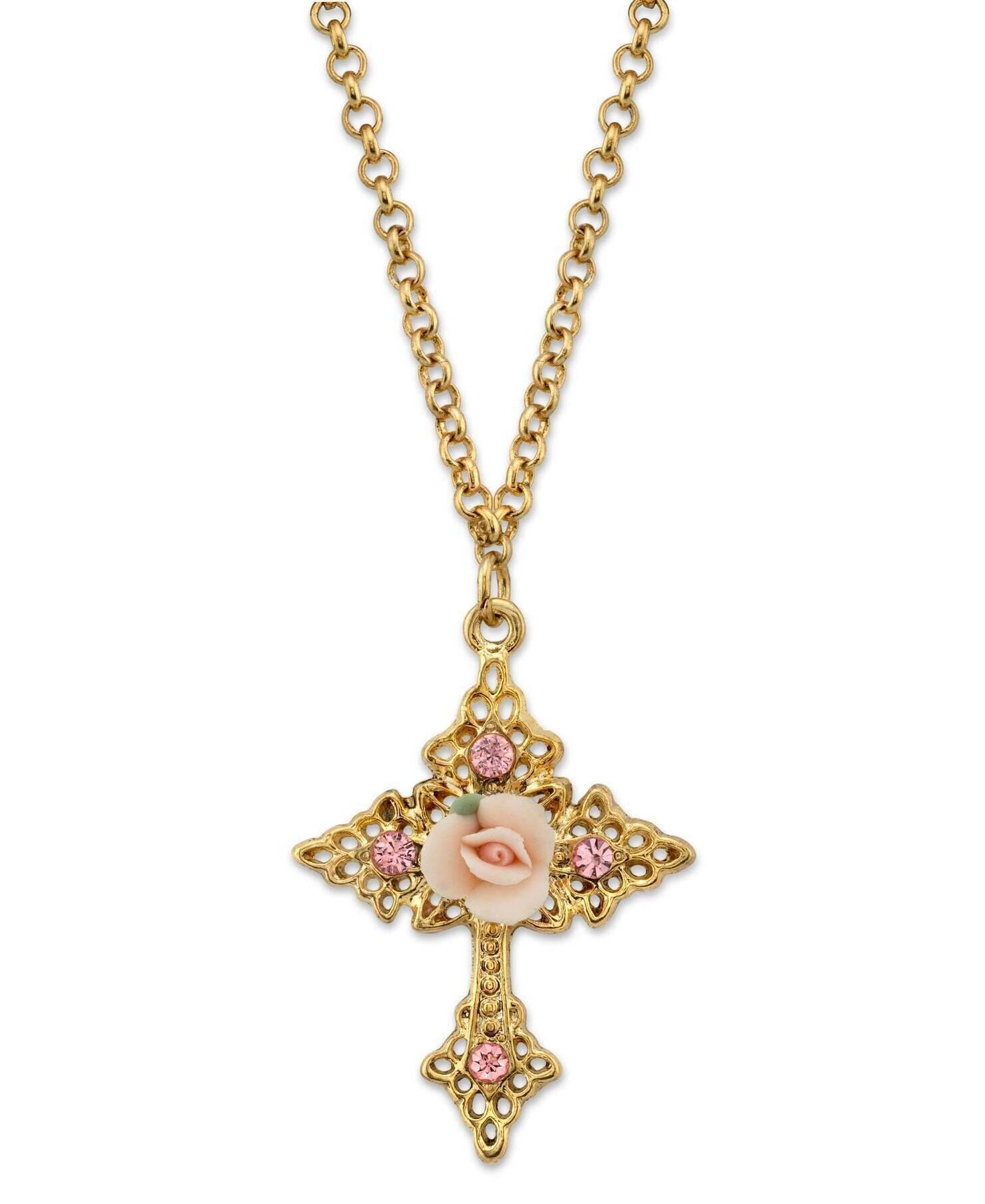 1928 Jewelry Porcelain Rose Cross Filigree Pendant Necklace 18" + 3" Extender