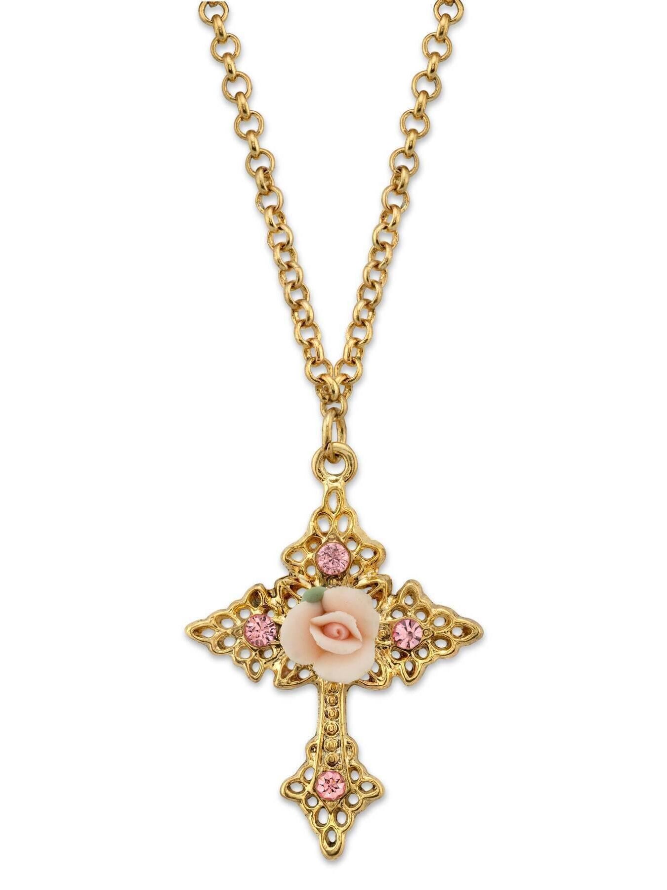 1928 Jewelry Porcelain Rose Cross Filigree Pendant Necklace 18" + 3" Extender