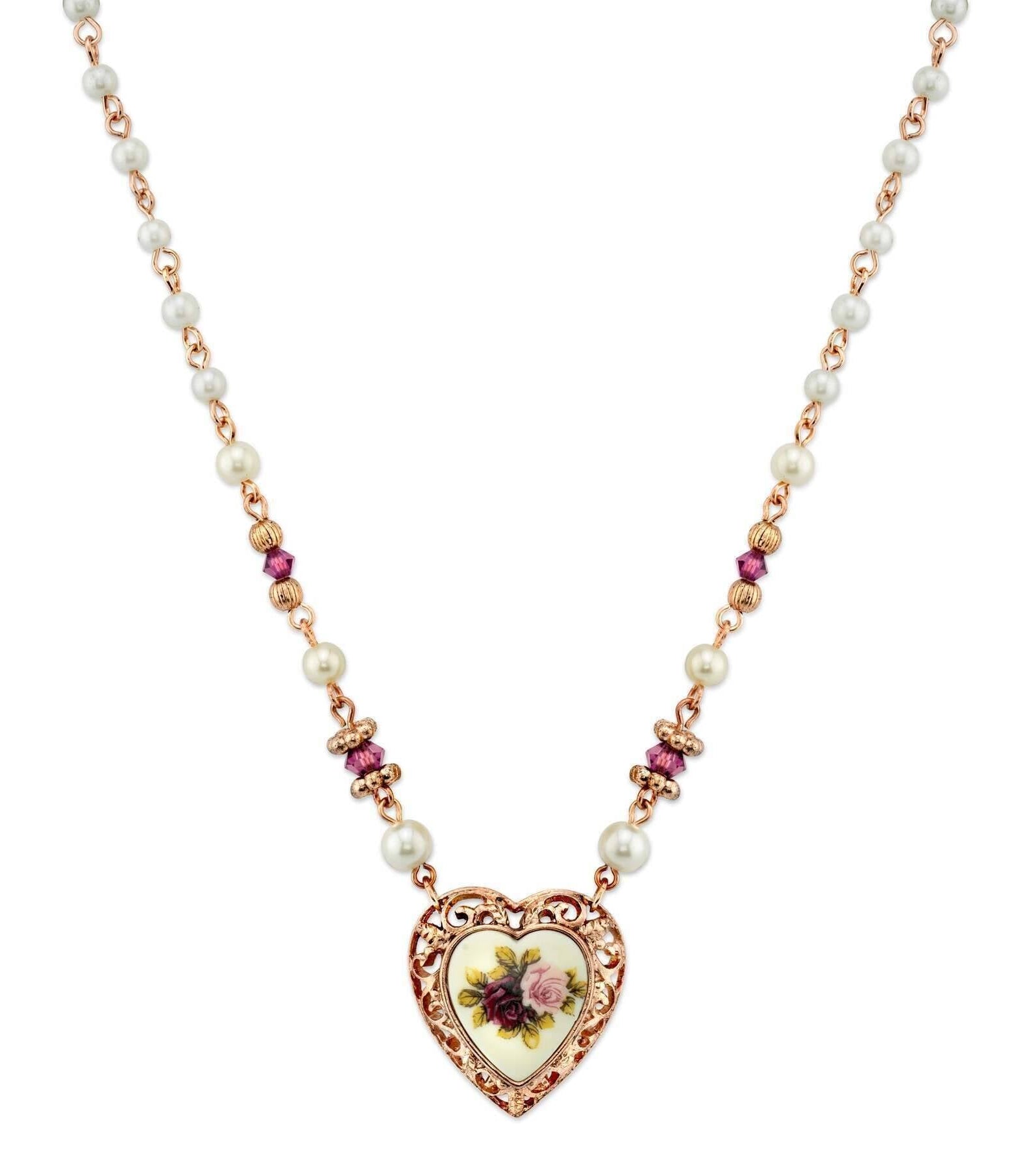 1928 Jewelry Rose Faux Pearl Purple Flower Heart Pendant Necklace 15" + 3" Extender