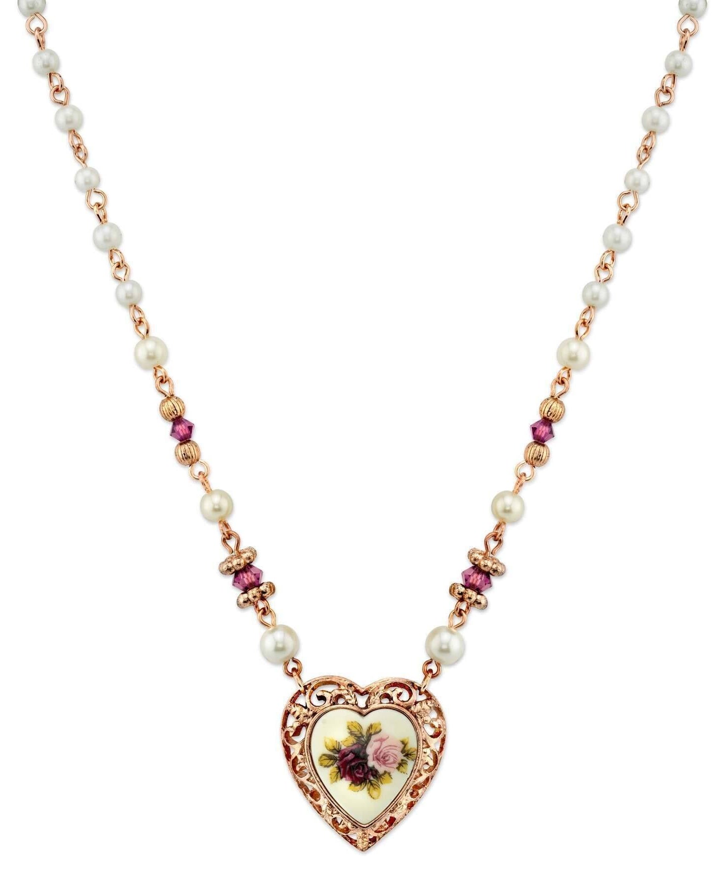 1928 Jewelry Rose Faux Pearl Purple Flower Heart Pendant Necklace 15" + 3" Extender