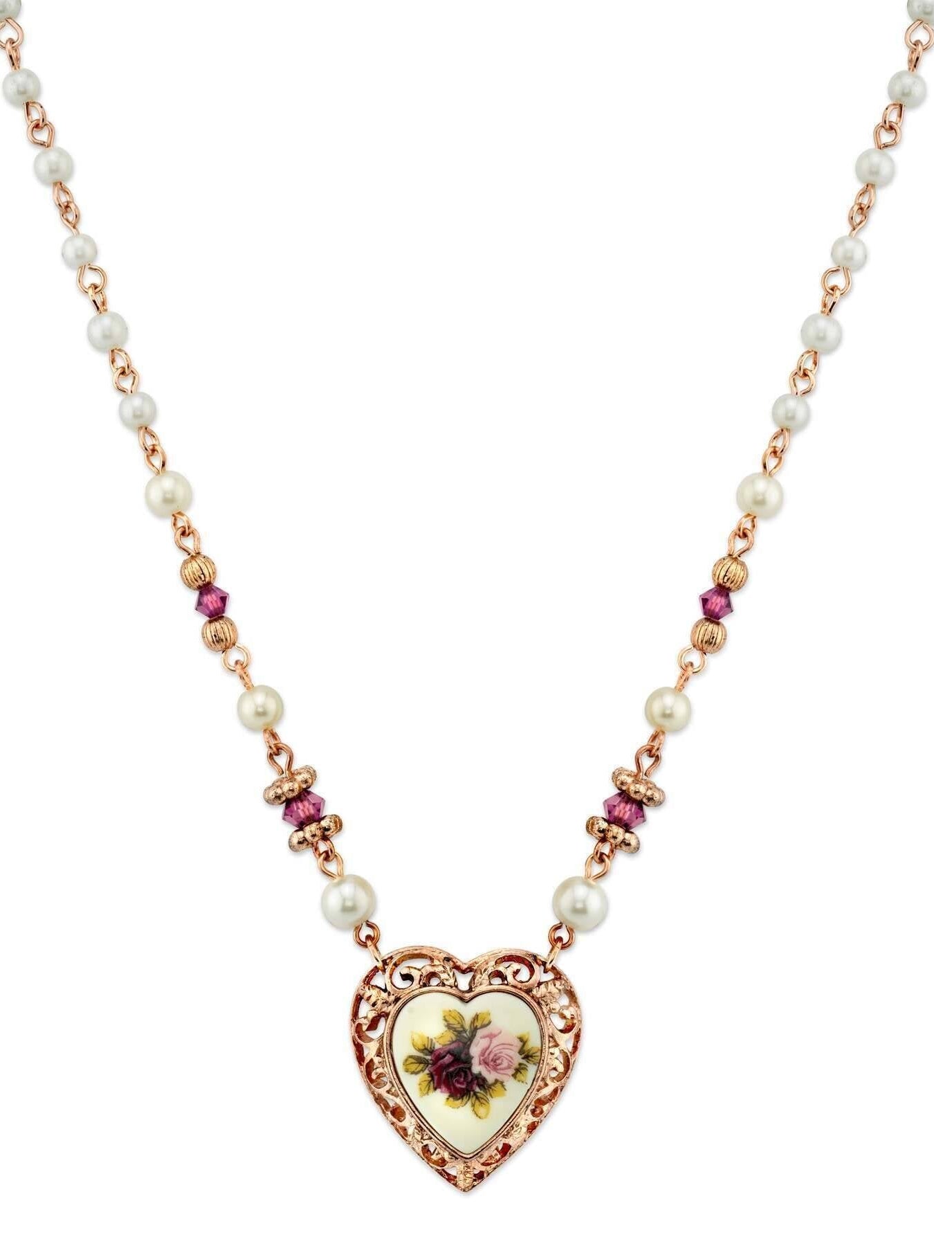 1928 Jewelry Rose Faux Pearl Purple Flower Heart Pendant Necklace 15" + 3" Extender
