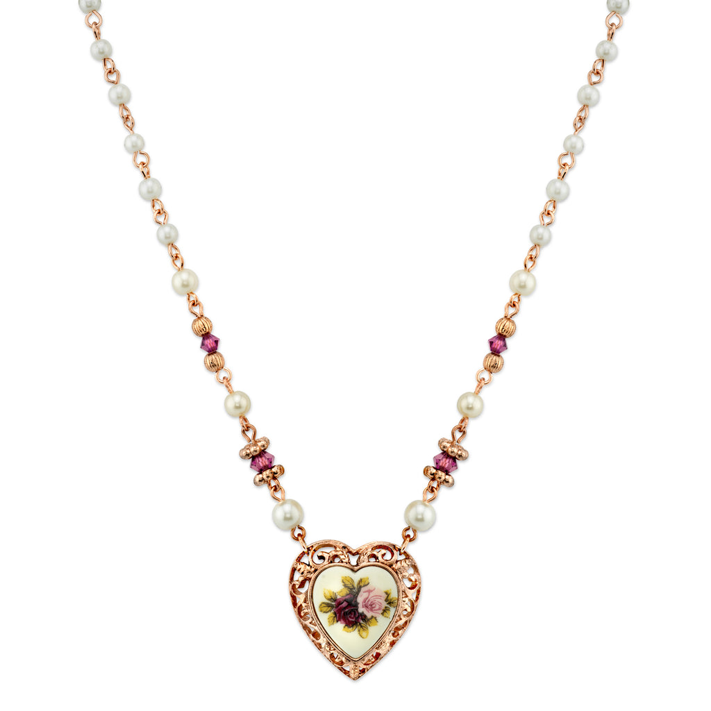Rose Faux Pearl Purple Flower Heart Necklace 15" + 3" Extender